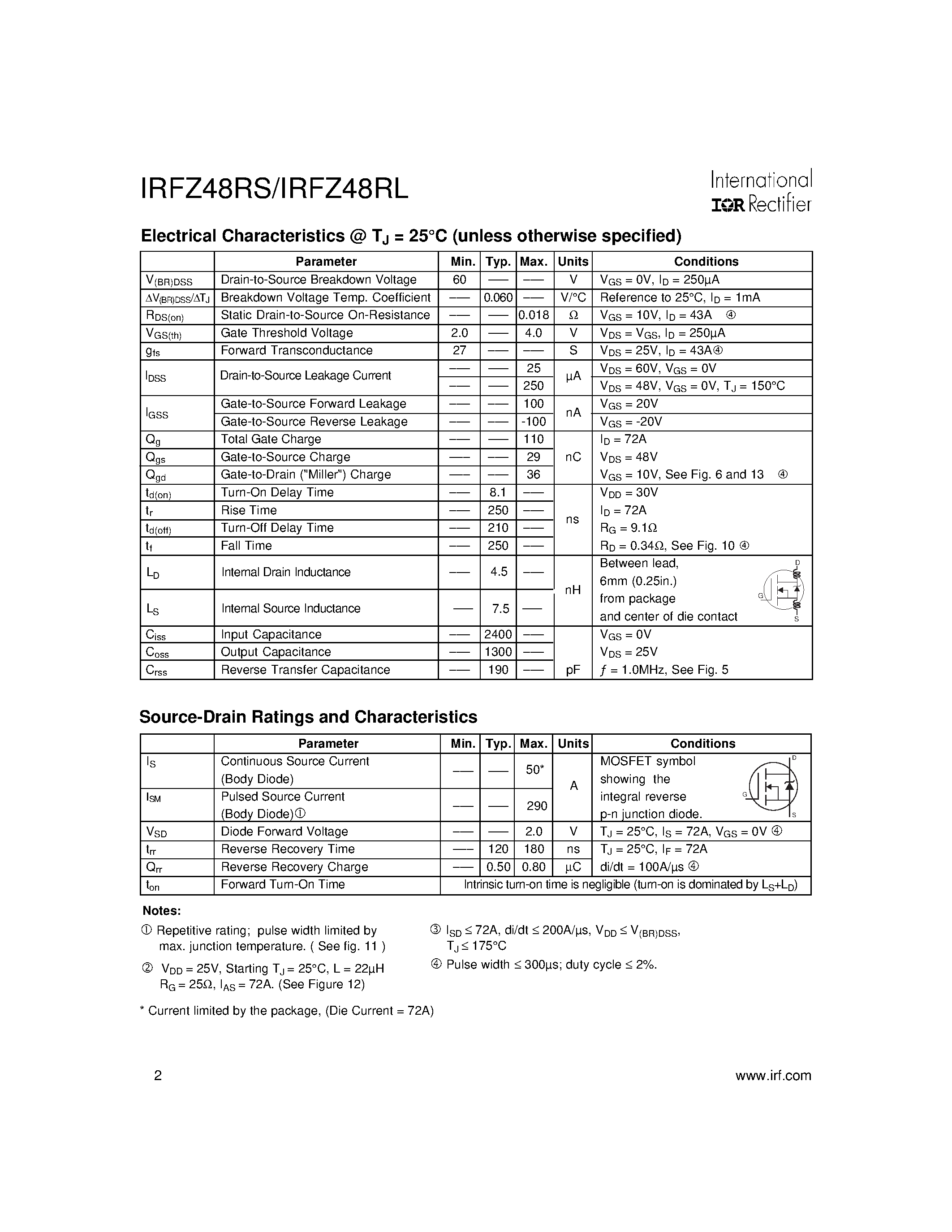Datasheet IRFZ48RL - HEXFET Power MOSFET page 2