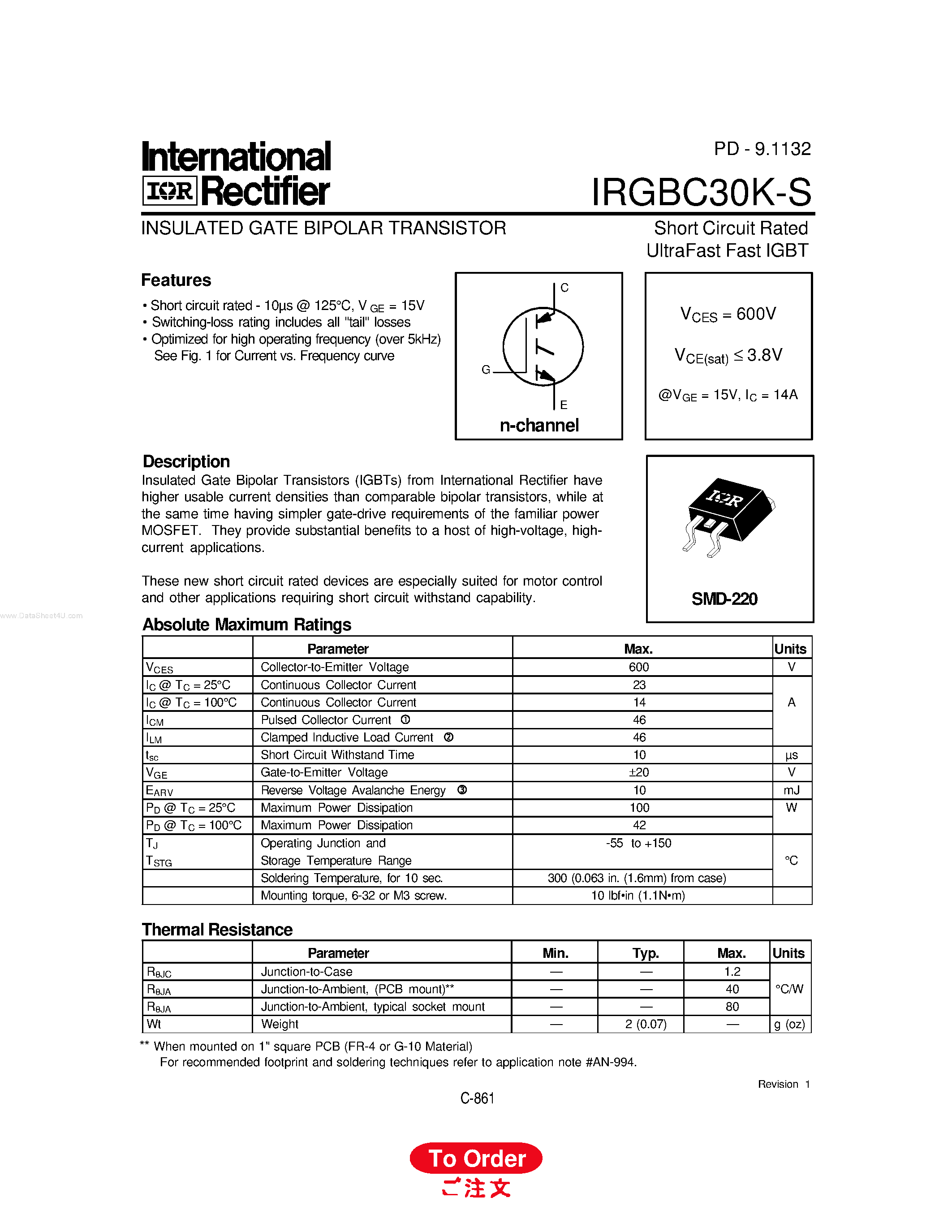 Datasheet IRGBC30K-S - INSULATED GATE BIPOLAR TRANSISTOR page 1