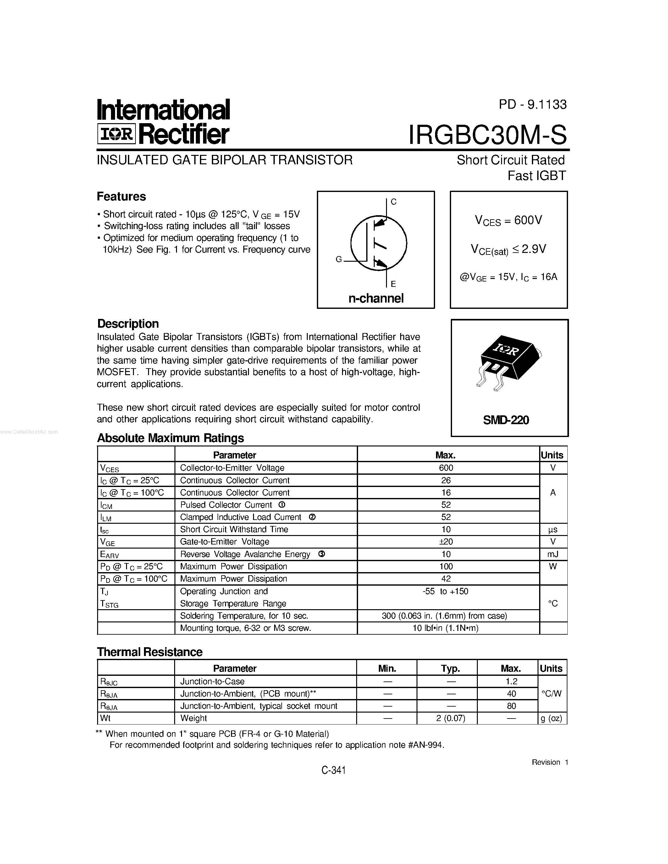 Datasheet IRGBC30M-S - INSULATED GATE BIPOLAR TRANSISTOR page 1