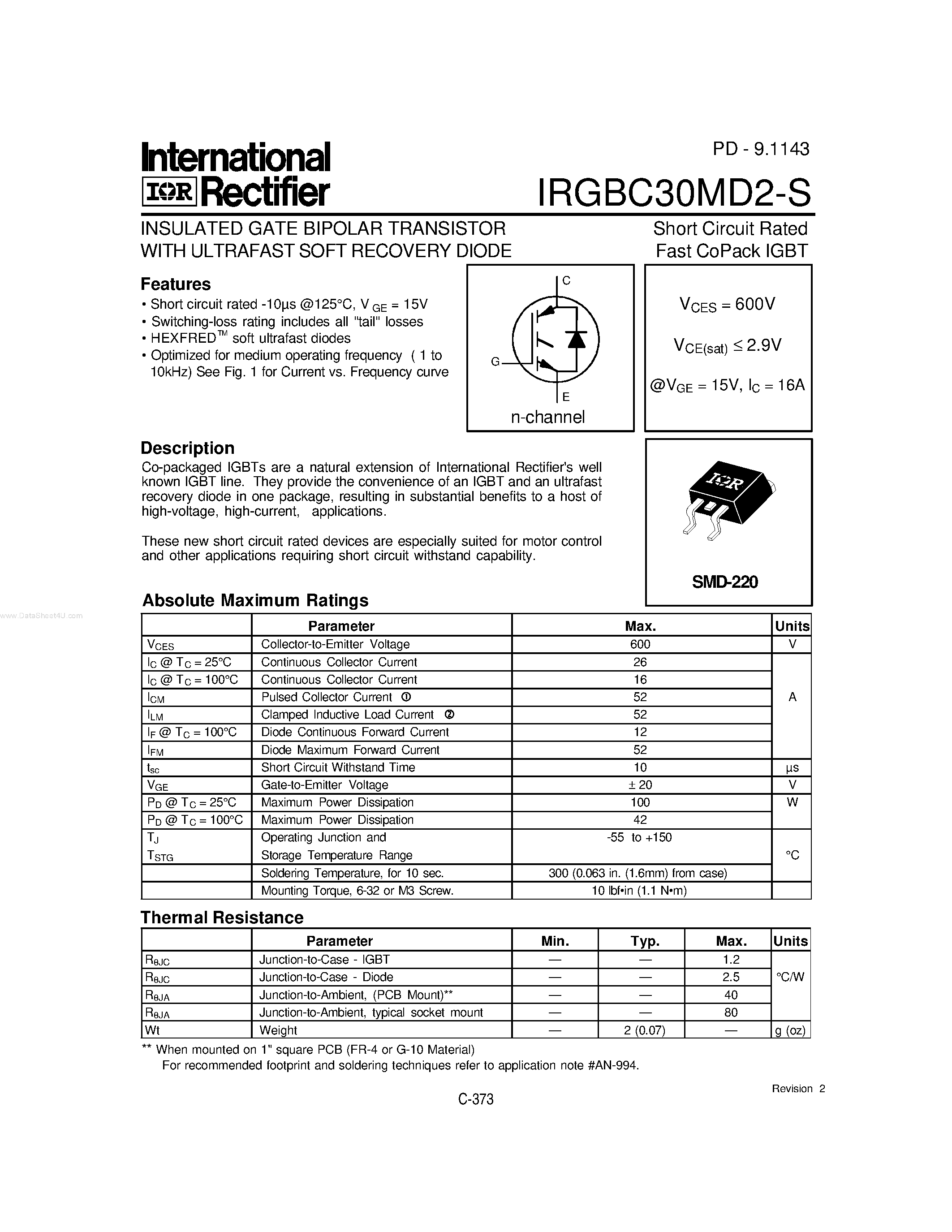 Datasheet IRGBC30MD2-S - INSULATED GATE BIPOLAR TRANSISTOR page 1