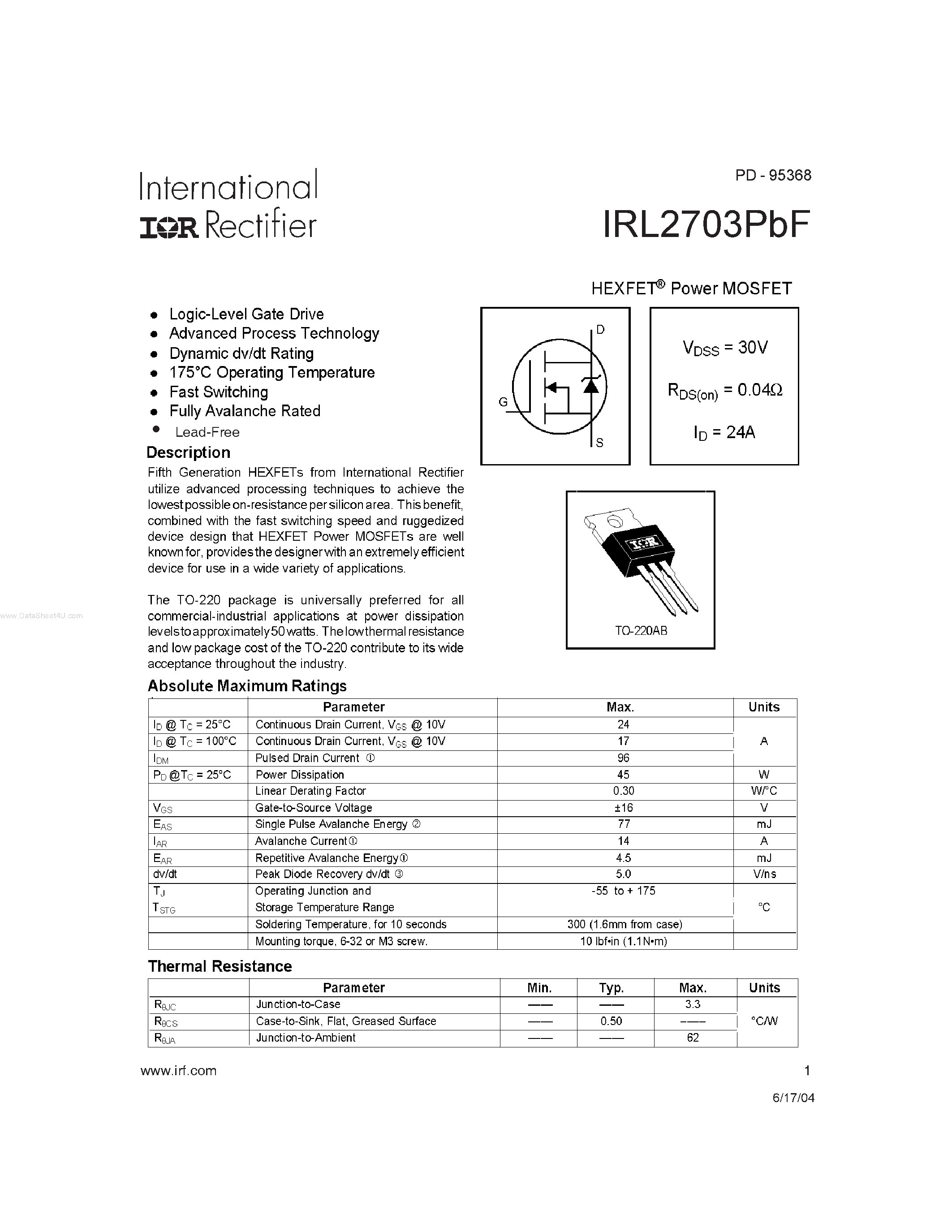 Datasheet IRL2703PBF page 1 Datasheet IRL2703PBF - HEXFET Power MOSFET page 1
