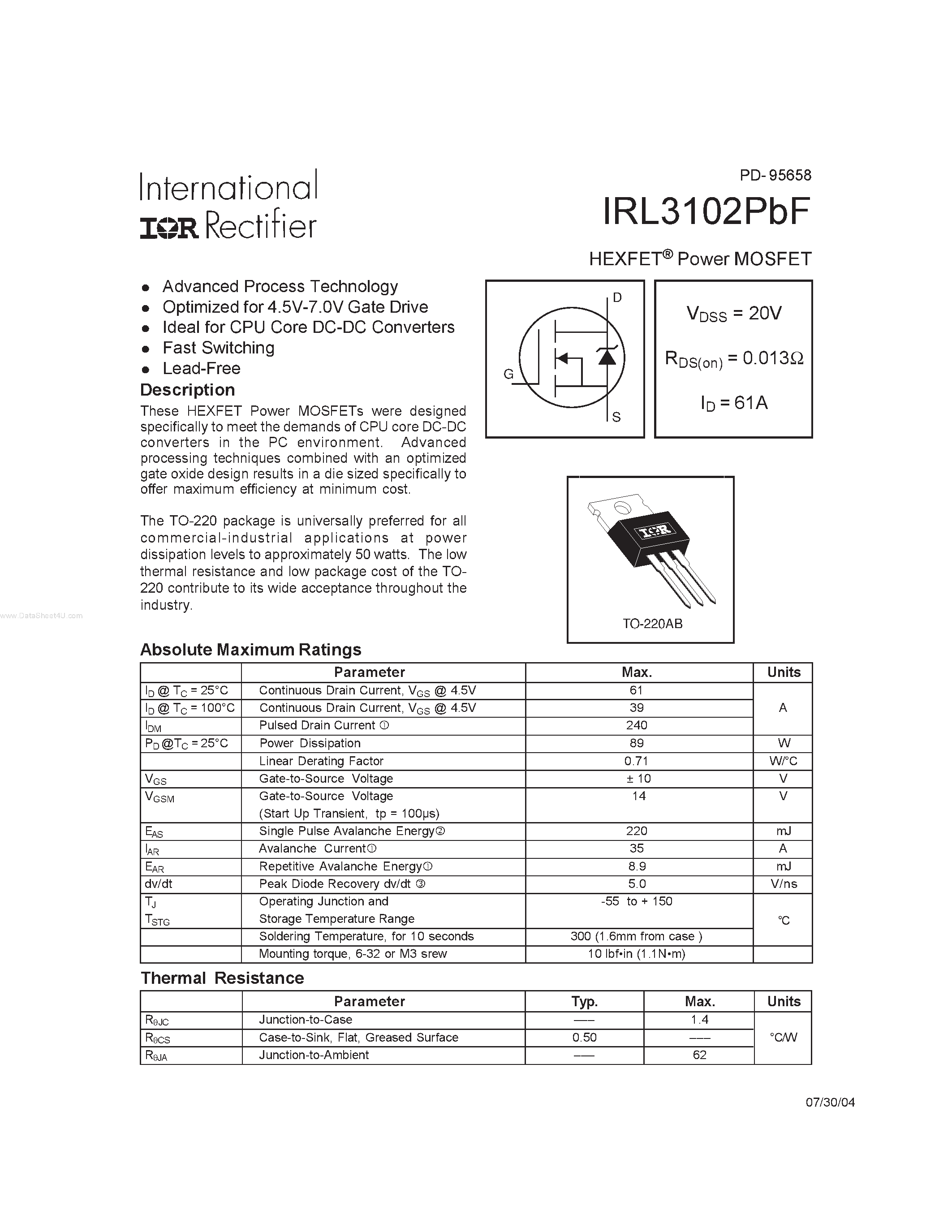 Даташит IRL3102PBF - HEXFET Power MOSFET страница 1