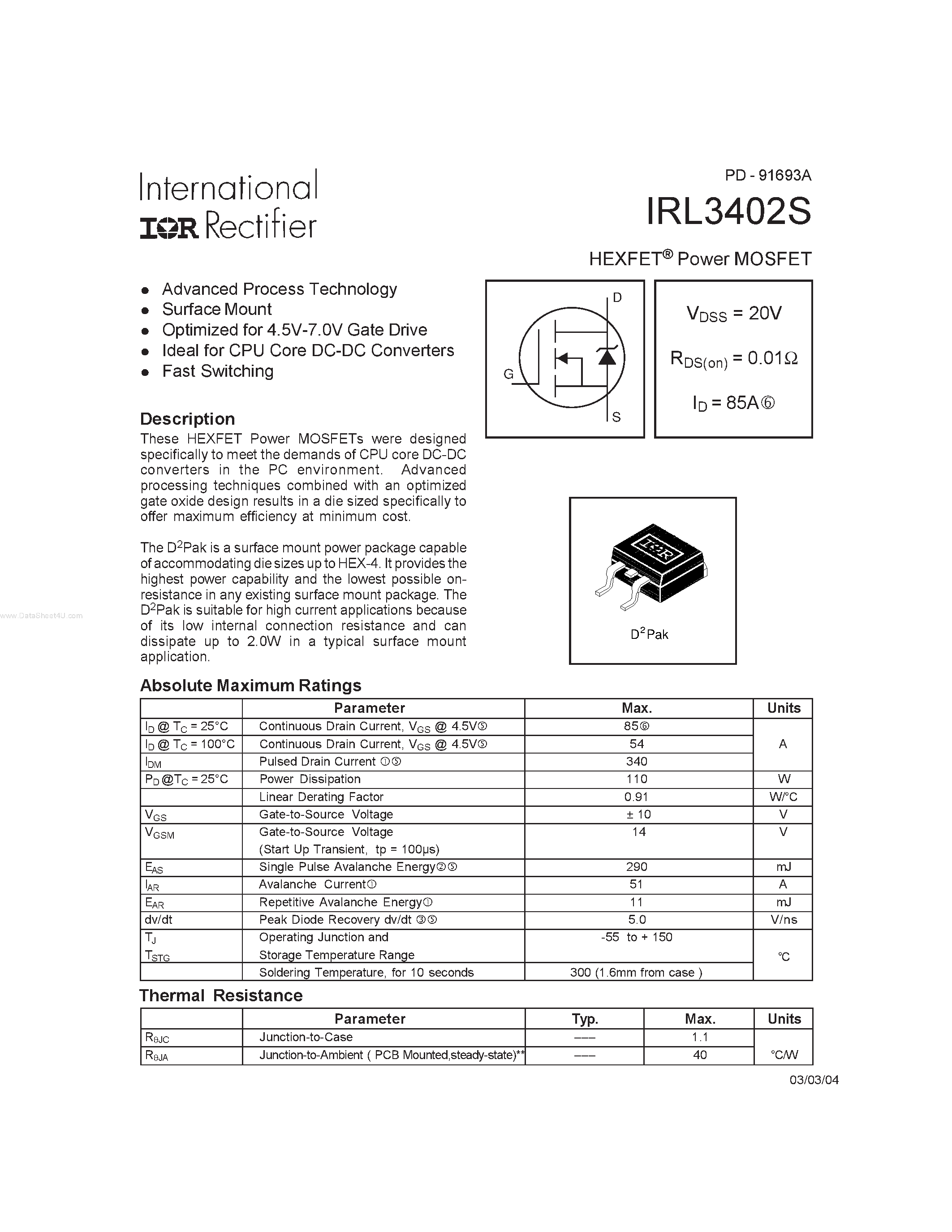 Datasheet IRL3402S - HEXFET Power MOSFET page 1