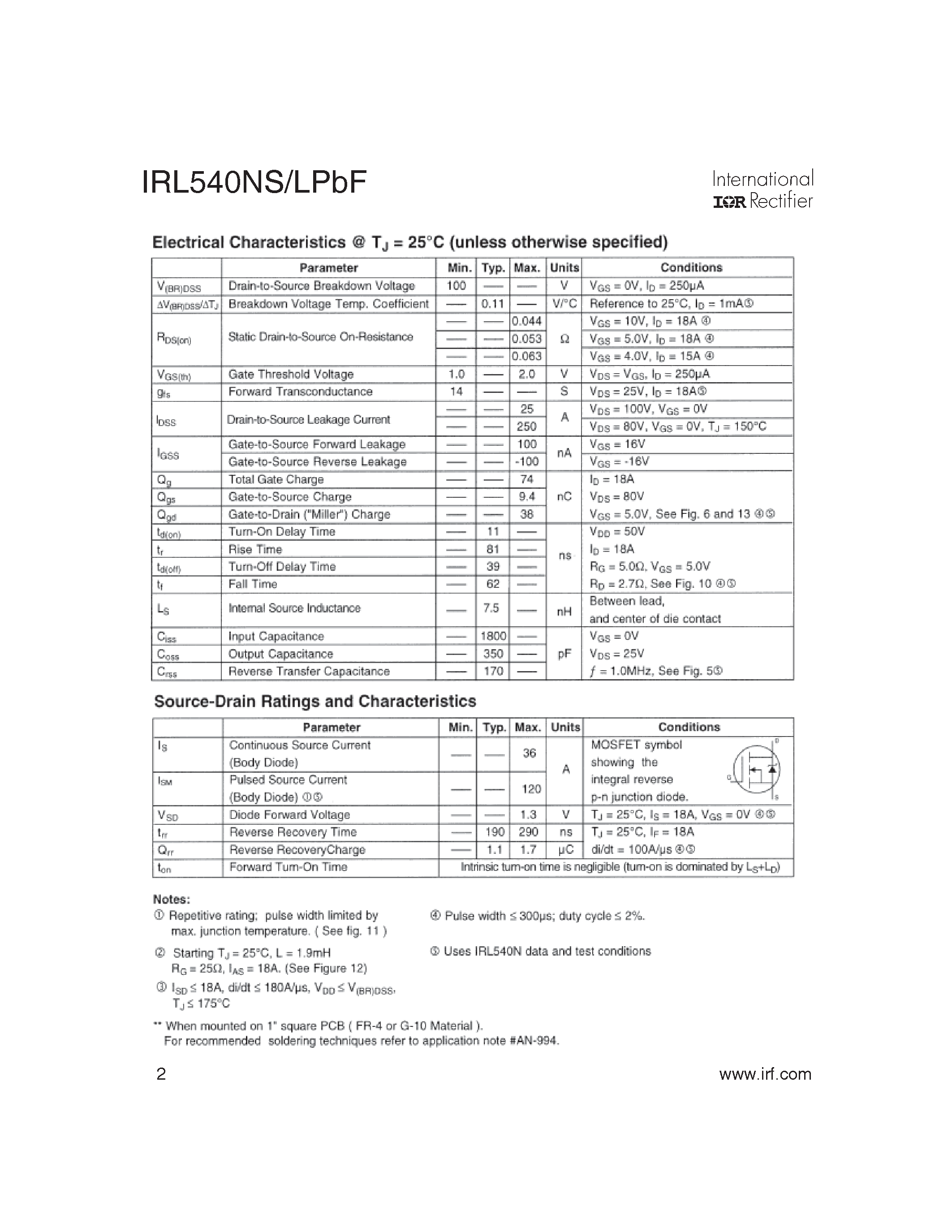 Datasheet IRL540NLPBF page 2 Datasheet IRL540NLPBF - HEXFET Power MOSFET page 2