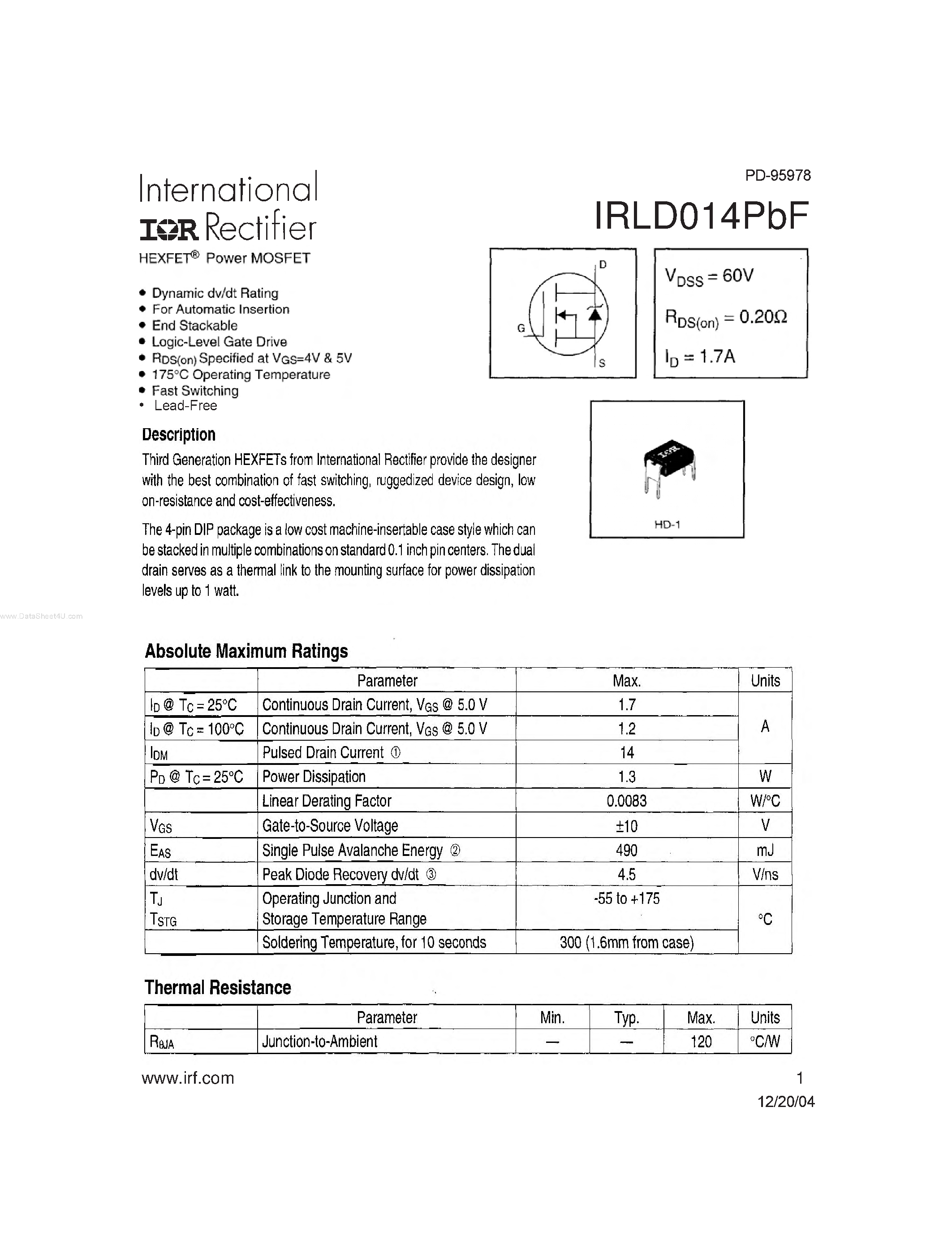 Datasheet IRLD014PBF - HEXFET Power MOSFET page 1