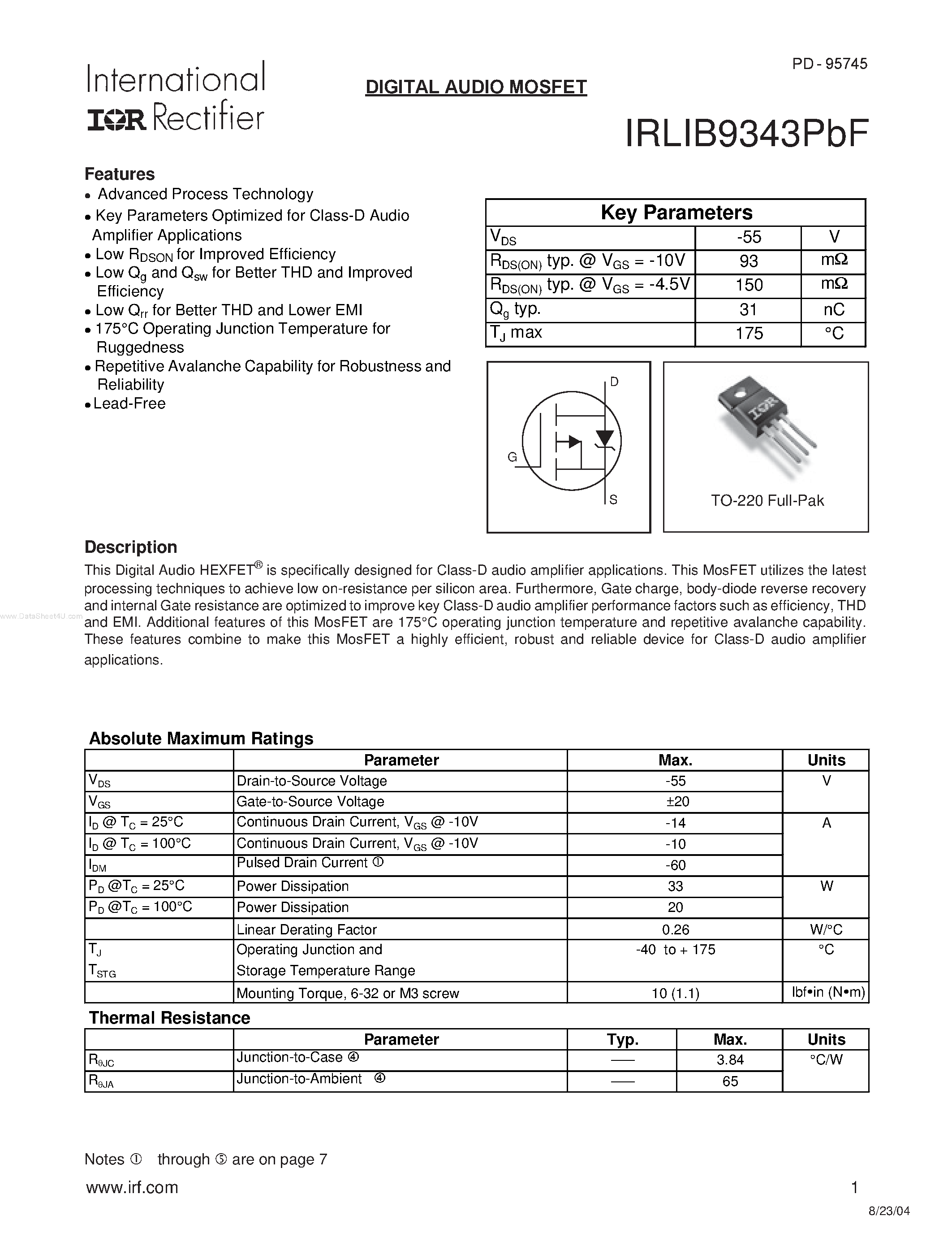 Даташит IRLIB9343PBF - HEXFET Power MOSFET страница 1