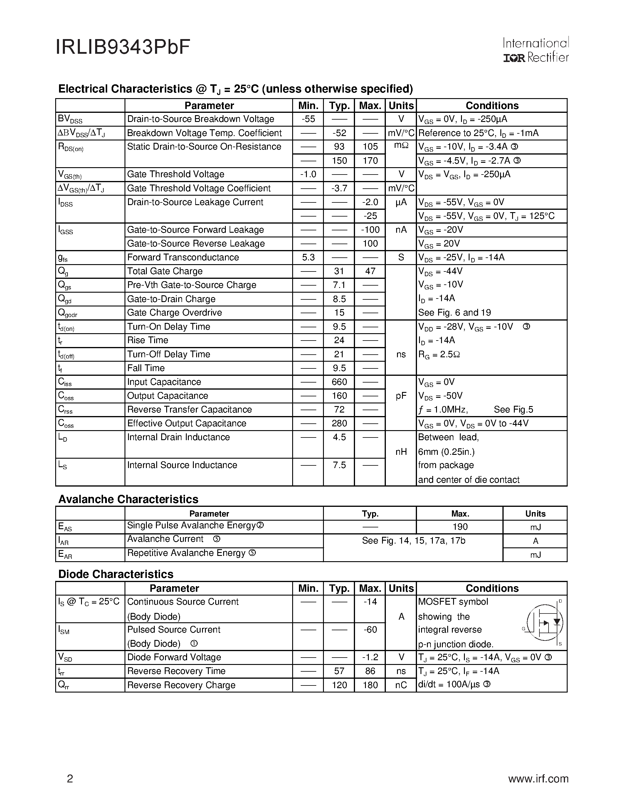Даташит IRLIB9343PBF - HEXFET Power MOSFET страница 2