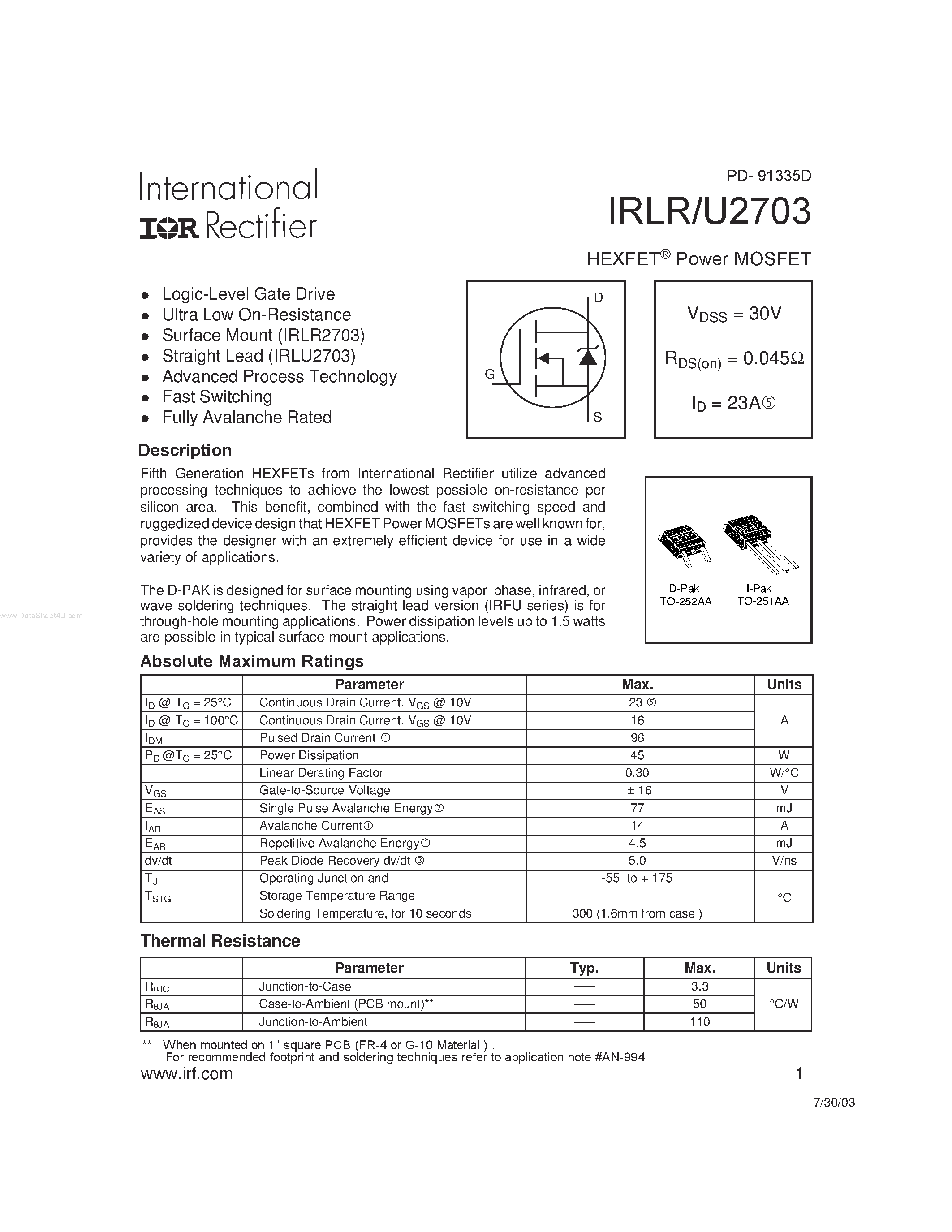 Datasheet IRLR2703 page 1 Datasheet IRLR2703 - HEXFET Power MOSFET page 1