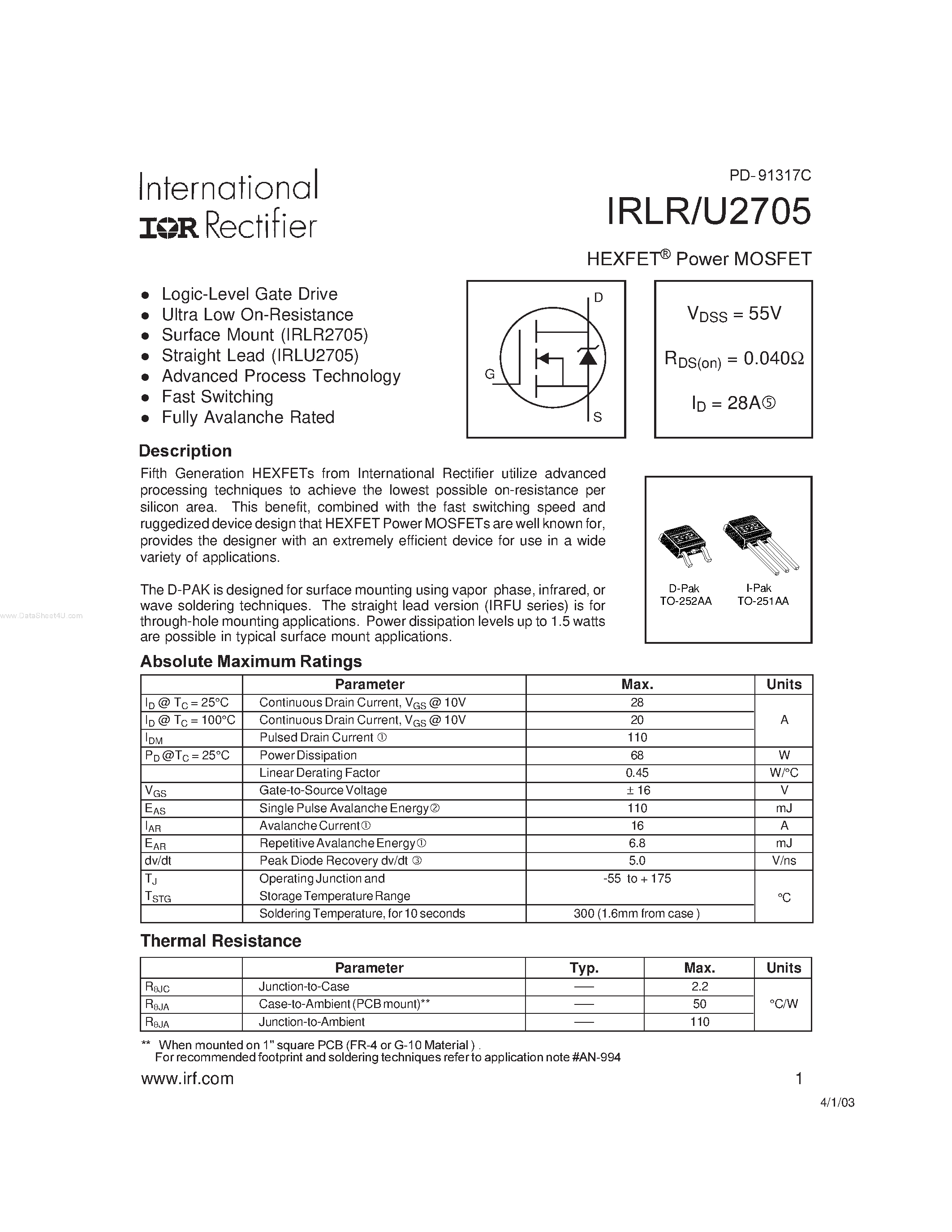 Даташит на микросхему IRLR2705 страница 1 Даташит IRLR2705 - HEXFET Power MOSFET страница 1