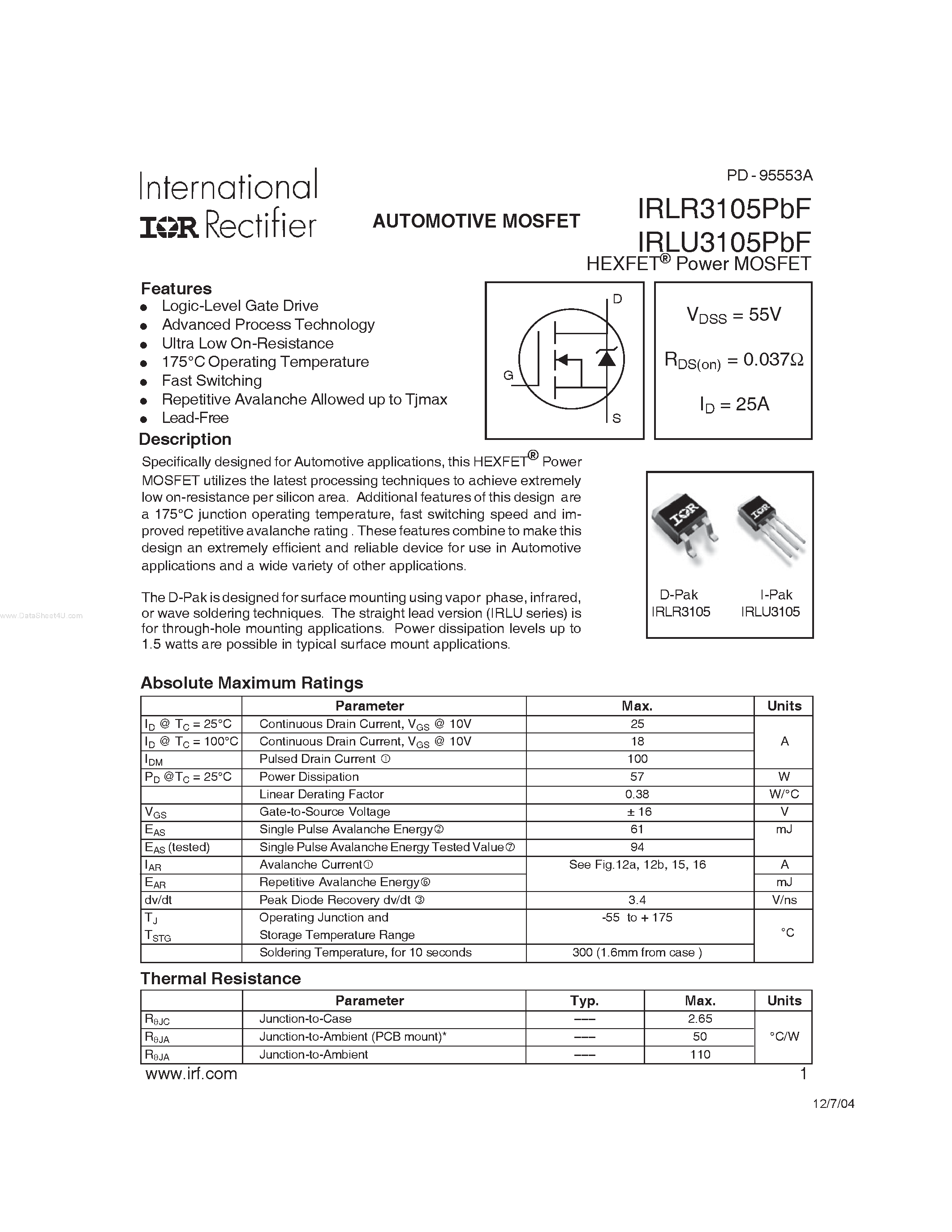Datasheet IRLR3105PBF page 1 Datasheet IRLR3105PBF - HEXFET Power MOSFET page 1