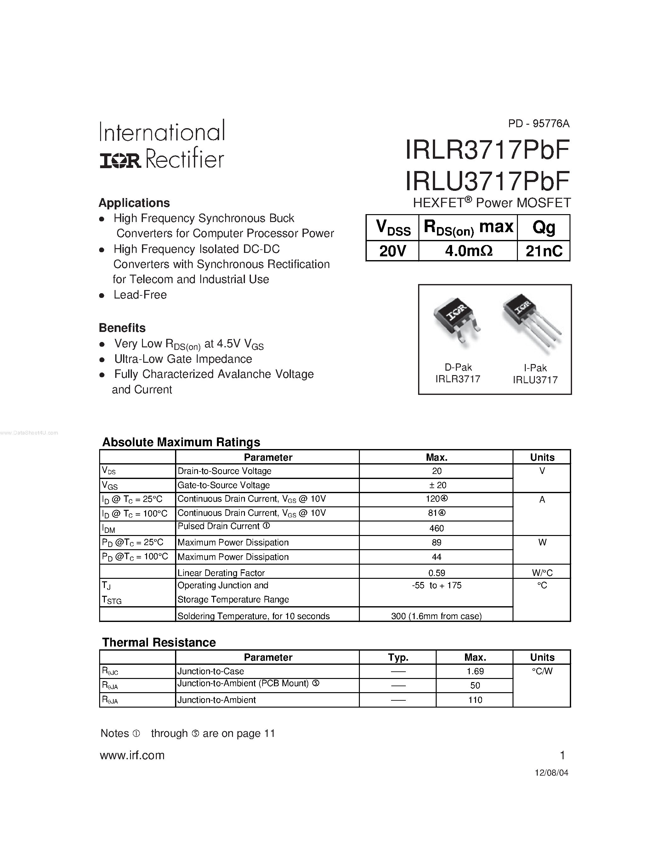 Даташит IRLR3717PBF - HEXFET Power MOSFET страница 1