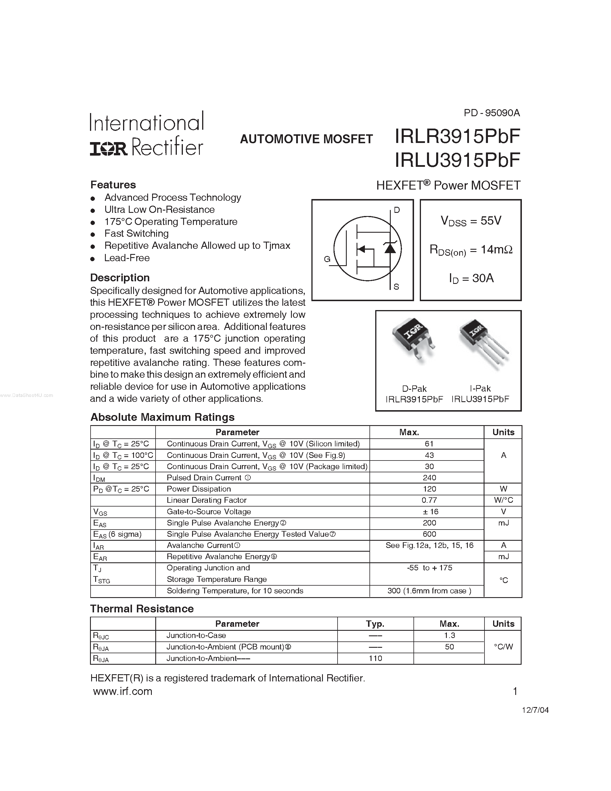Datasheet IRLR3915PBF page 1 Datasheet IRLR3915PBF - HEXFET Power MOSFET page 1