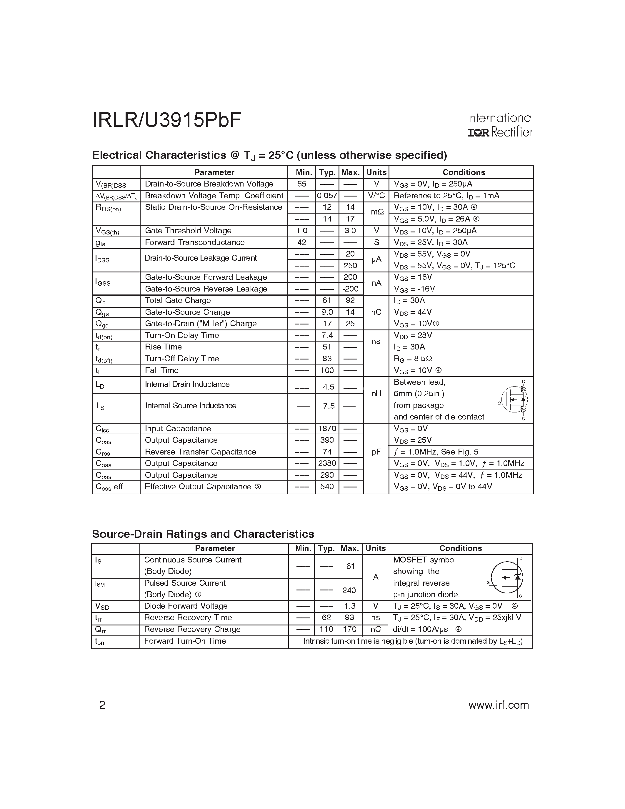 Datasheet IRLR3915PBF page 2 Datasheet IRLR3915PBF - HEXFET Power MOSFET page 2
