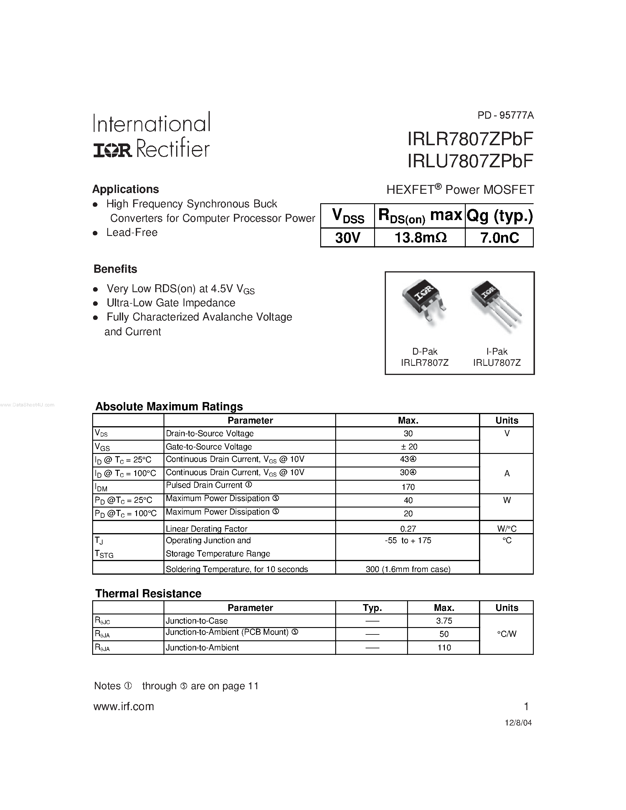 Datasheet IRLR7807ZPBF page 1 Datasheet IRLR7807ZPBF - HEXFET Power MOSFET page 1