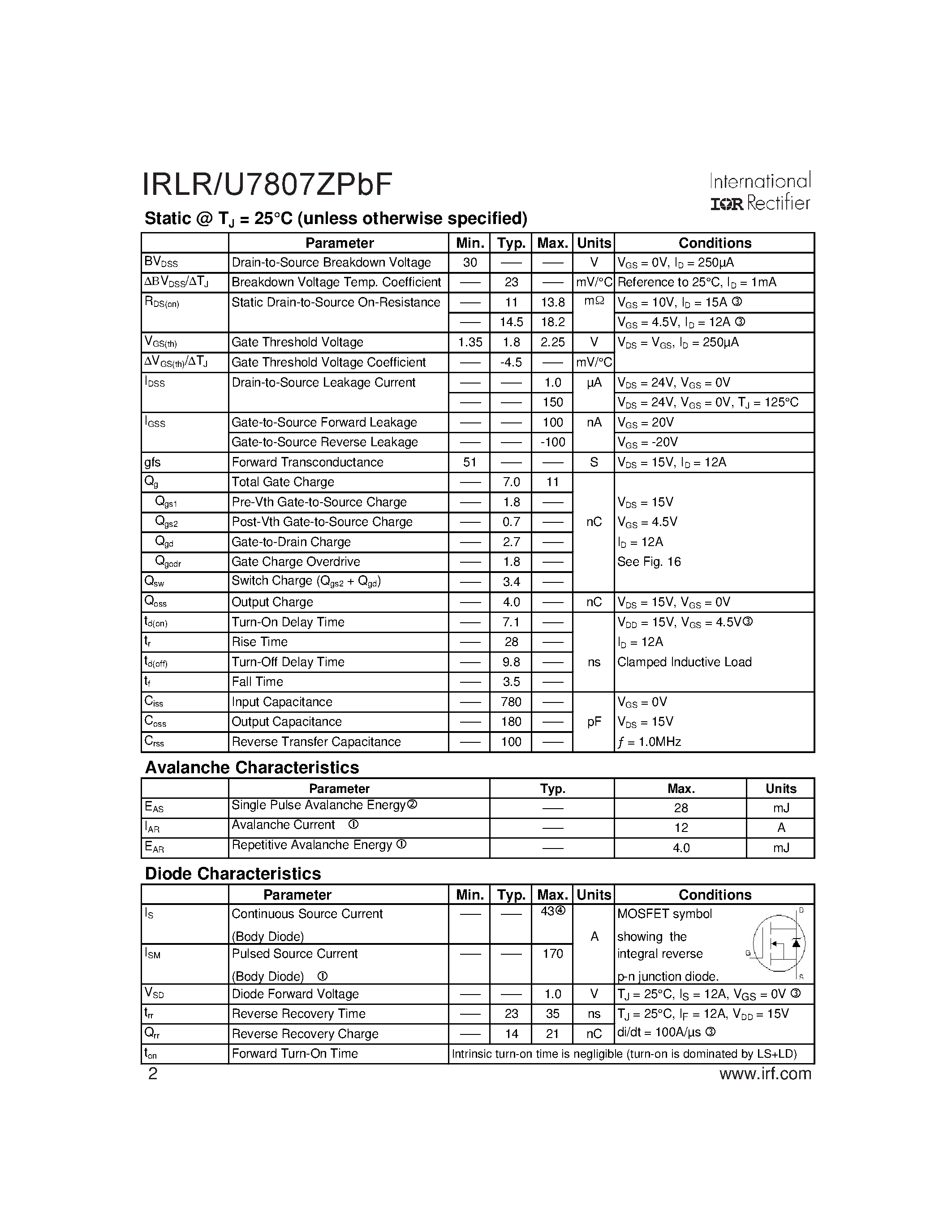 Datasheet IRLR7807ZPBF page 2 Datasheet IRLR7807ZPBF - HEXFET Power MOSFET page 2