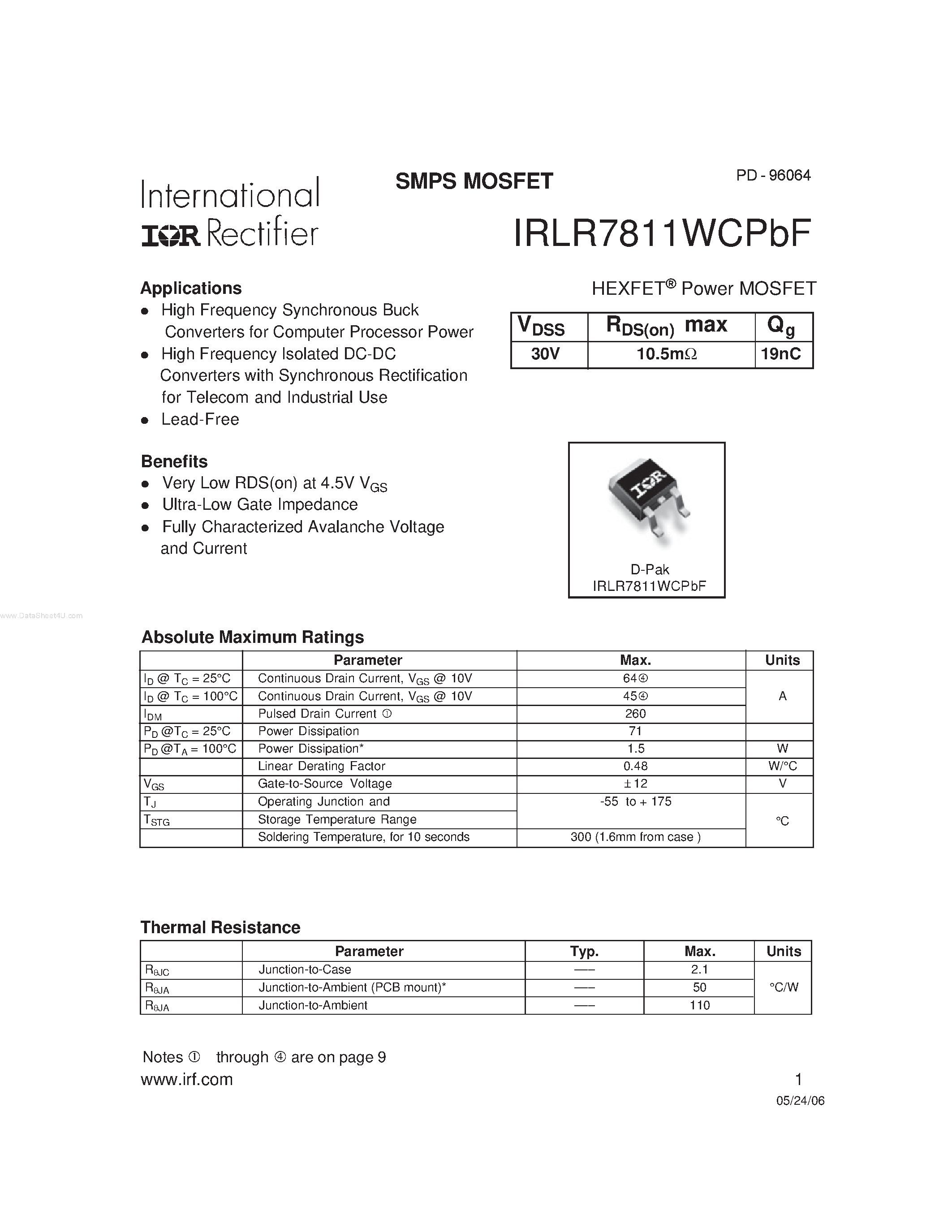 Даташит IRLR7811WCPBF - HEXFET Power MOSFET страница 1