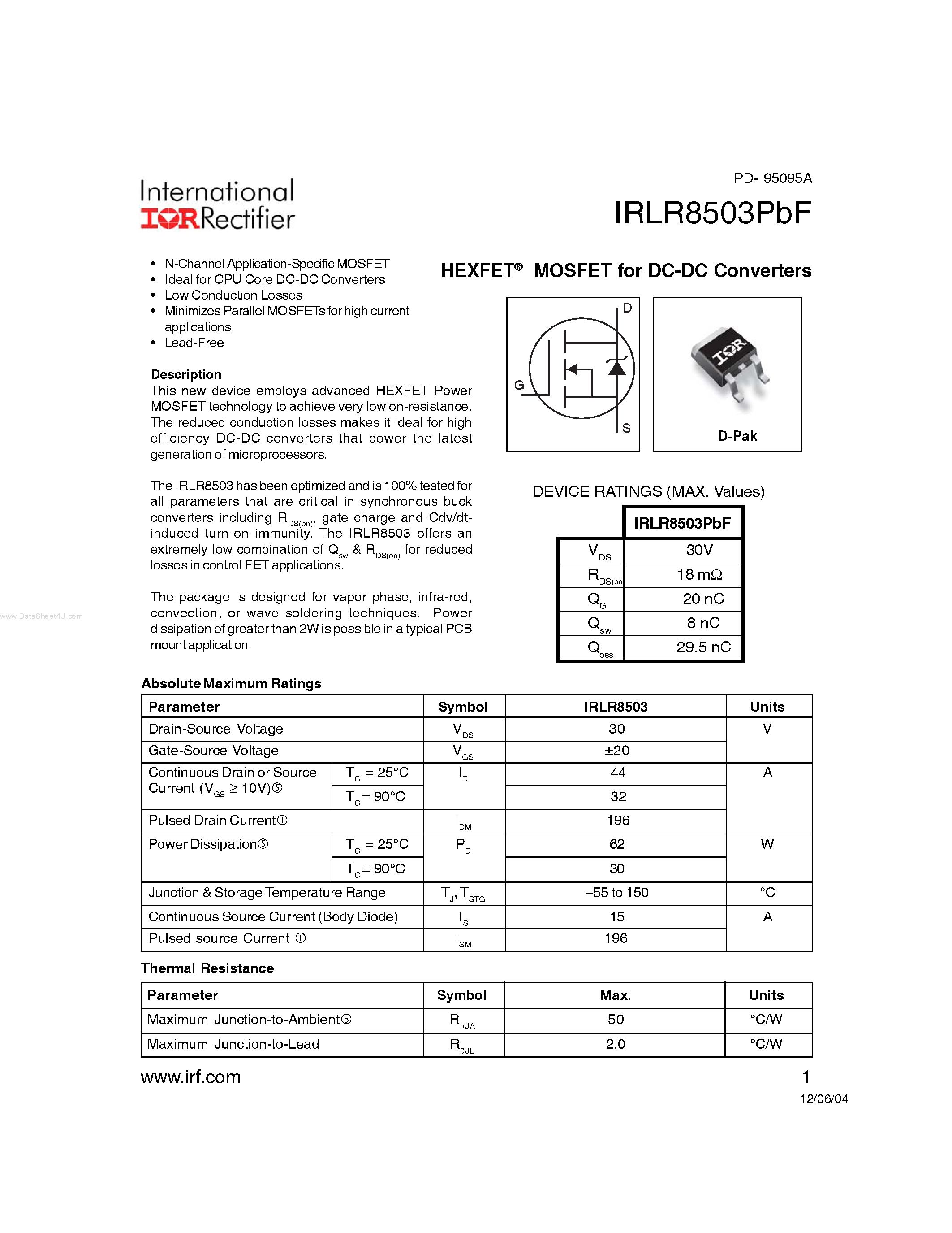 Даташит IRLR8503PBF - HEXFET Power MOSFET страница 1