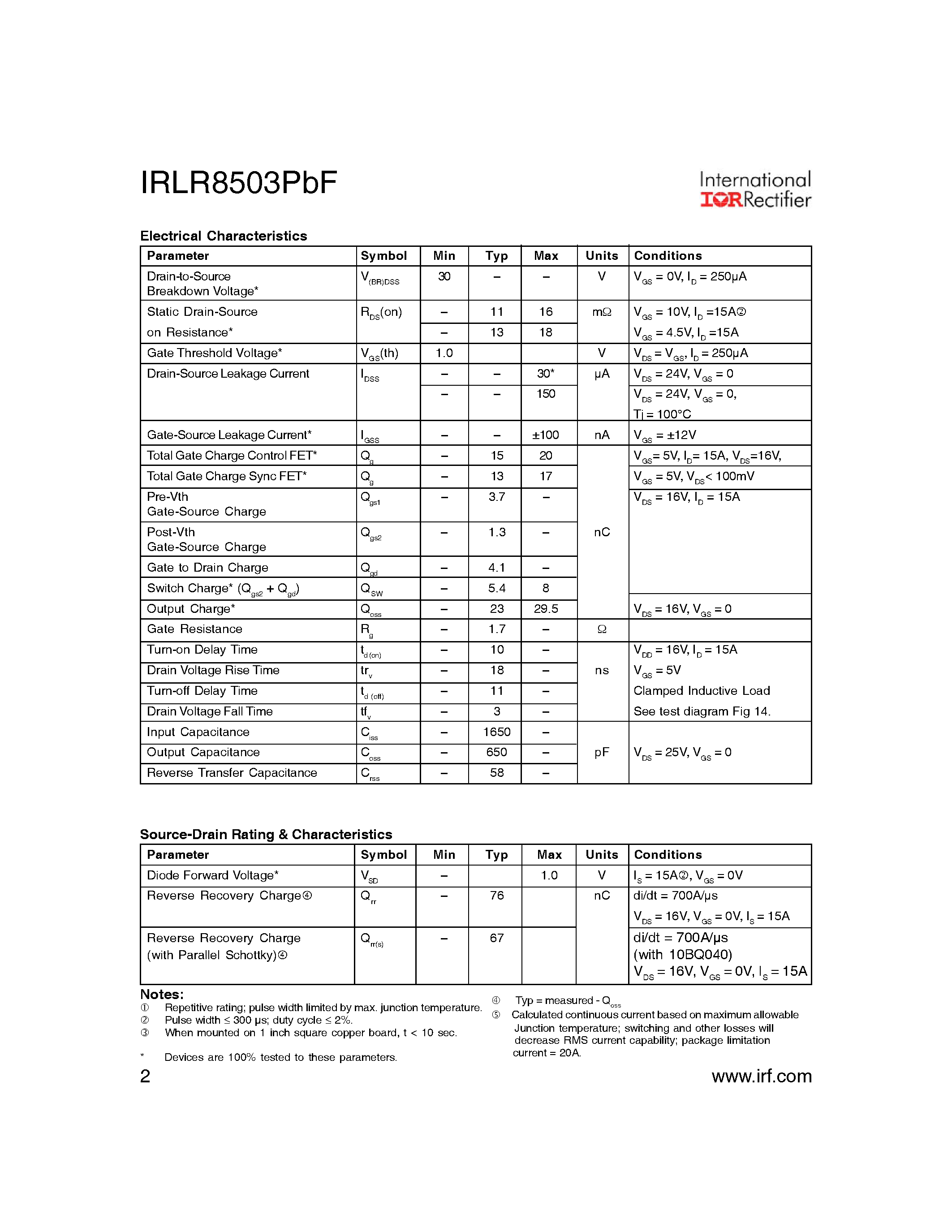 Даташит IRLR8503PBF - HEXFET Power MOSFET страница 2