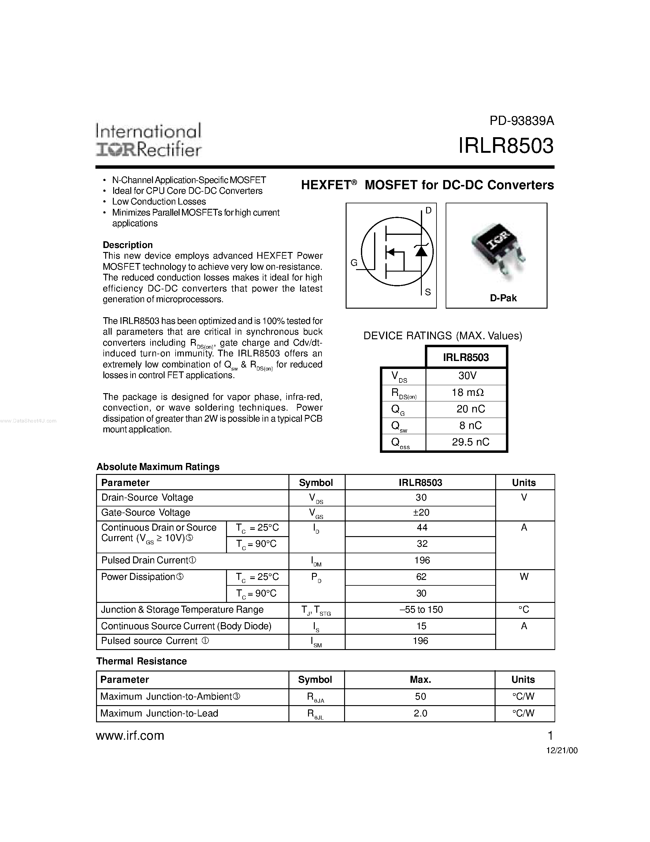 Даташит IRLR8503 - HEXFET Power MOSFET страница 1