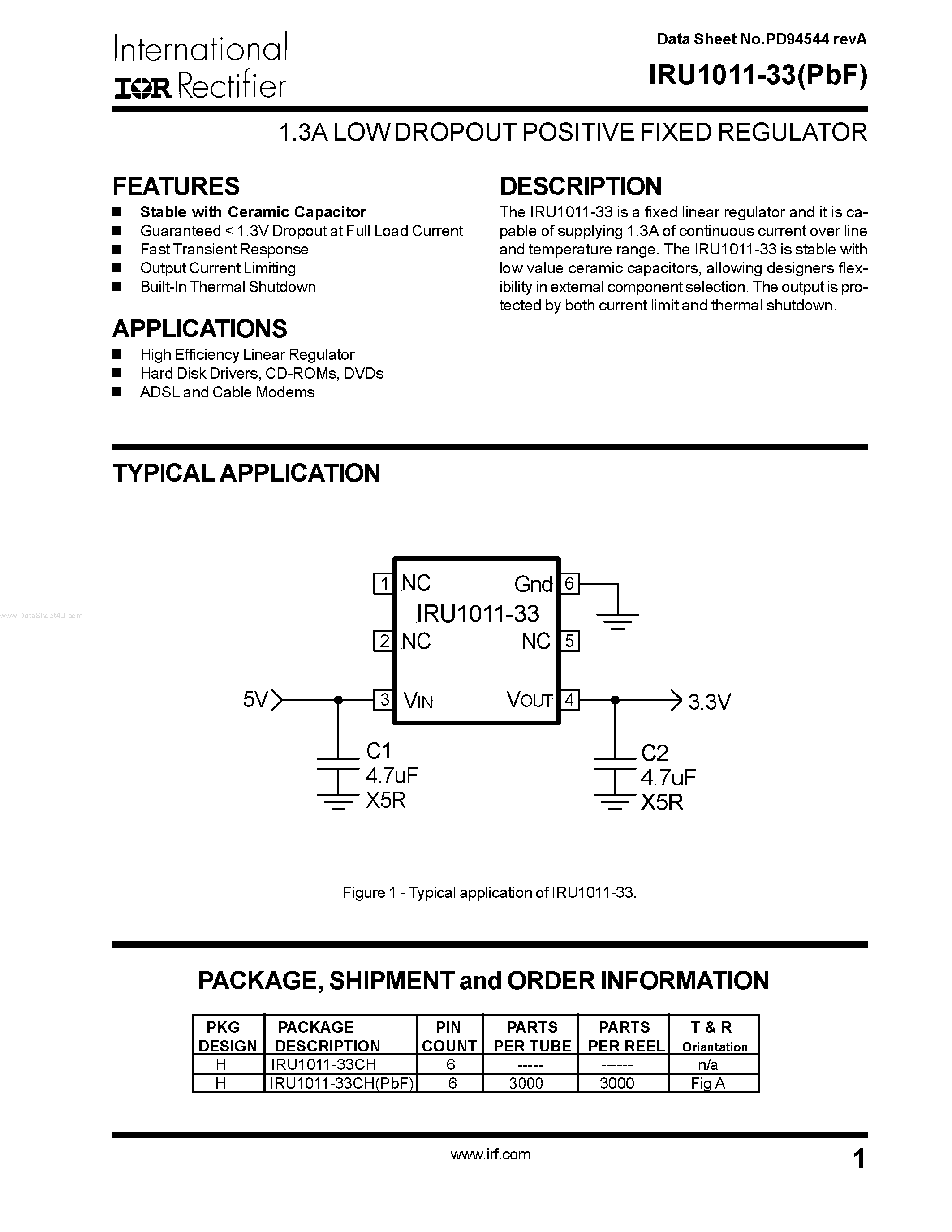 Даташит на микросхему IRU1011-33 страница 1 Даташит IRU1011-33 - 1.3A LOW DROPOUT POSITIVE FIXED REGULATOR страница 1