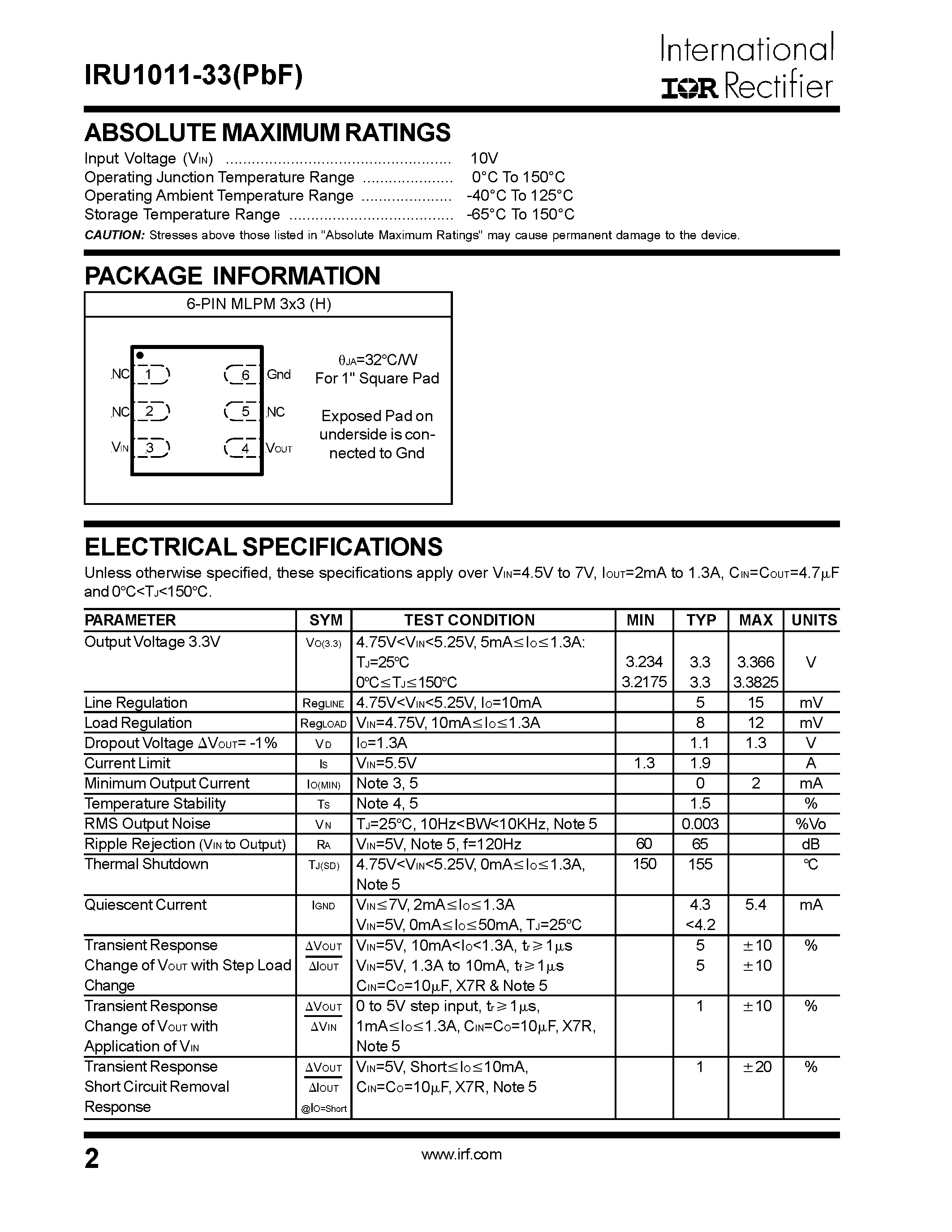 Даташит на микросхему IRU1011-33 страница 2 Даташит IRU1011-33 - 1.3A LOW DROPOUT POSITIVE FIXED REGULATOR страница 2
