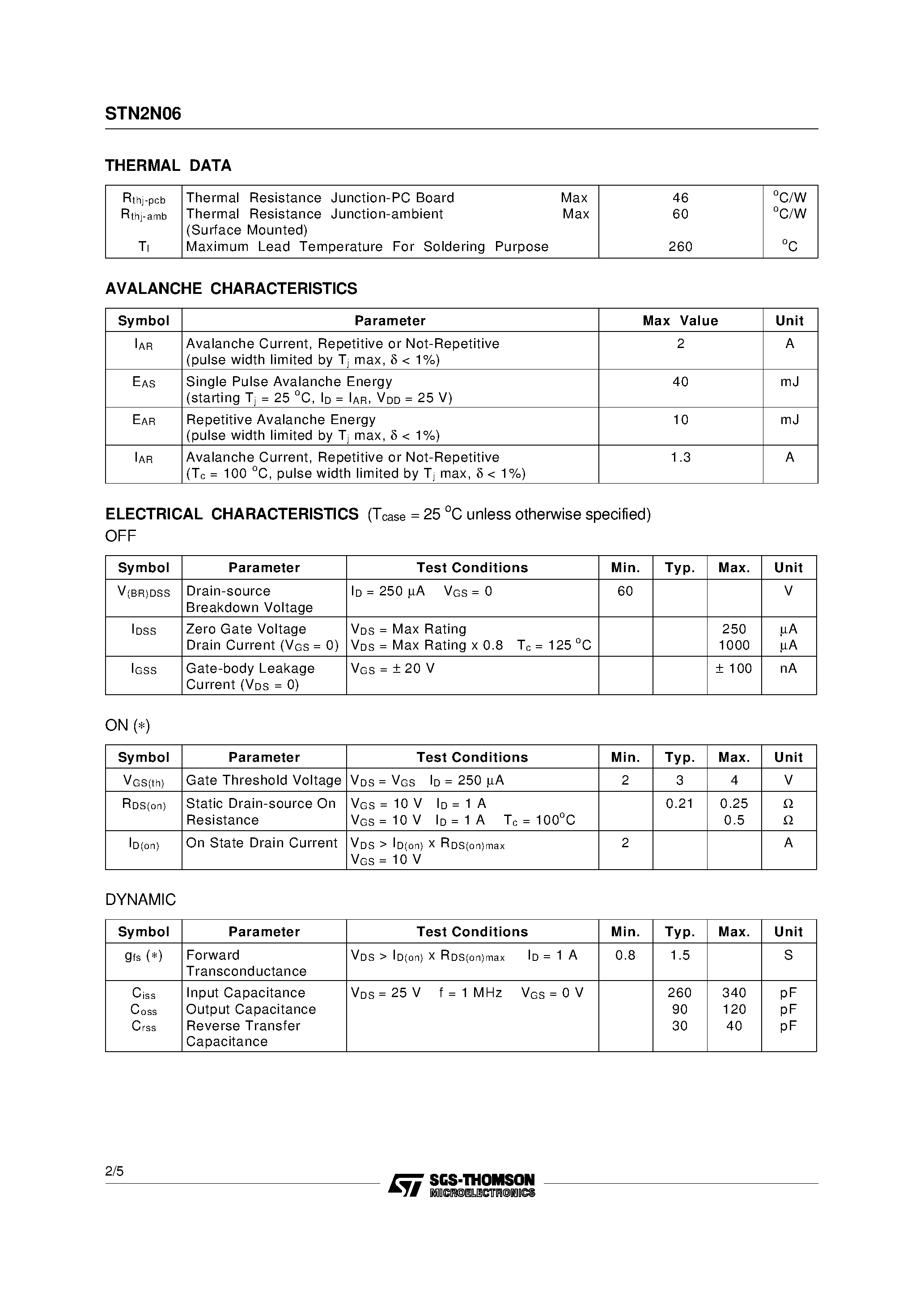 Datasheet STN2N06 - N-CHANNEL POWER MOSFET page 2