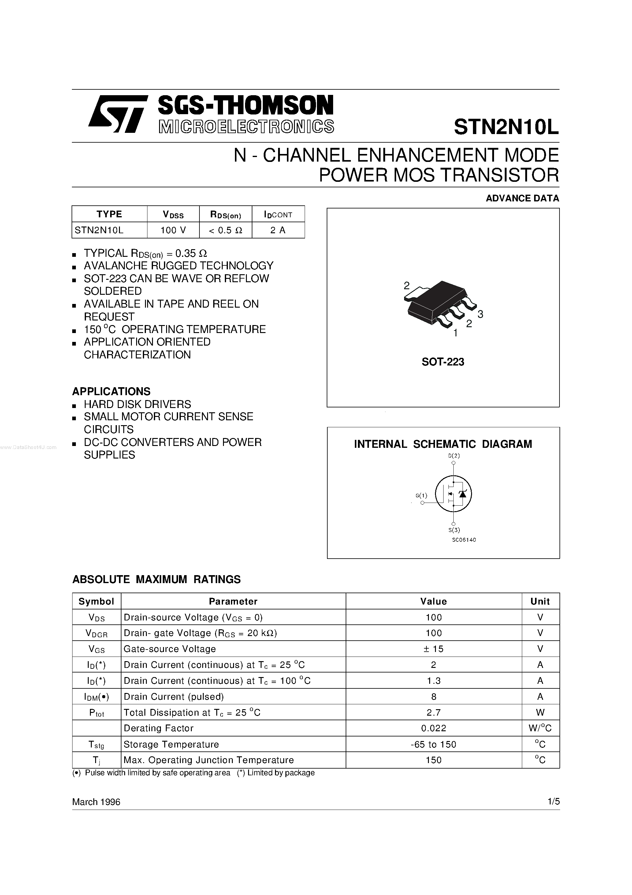 Datasheet STN2N10L - N-CHANNEL POWER MOSFET page 1