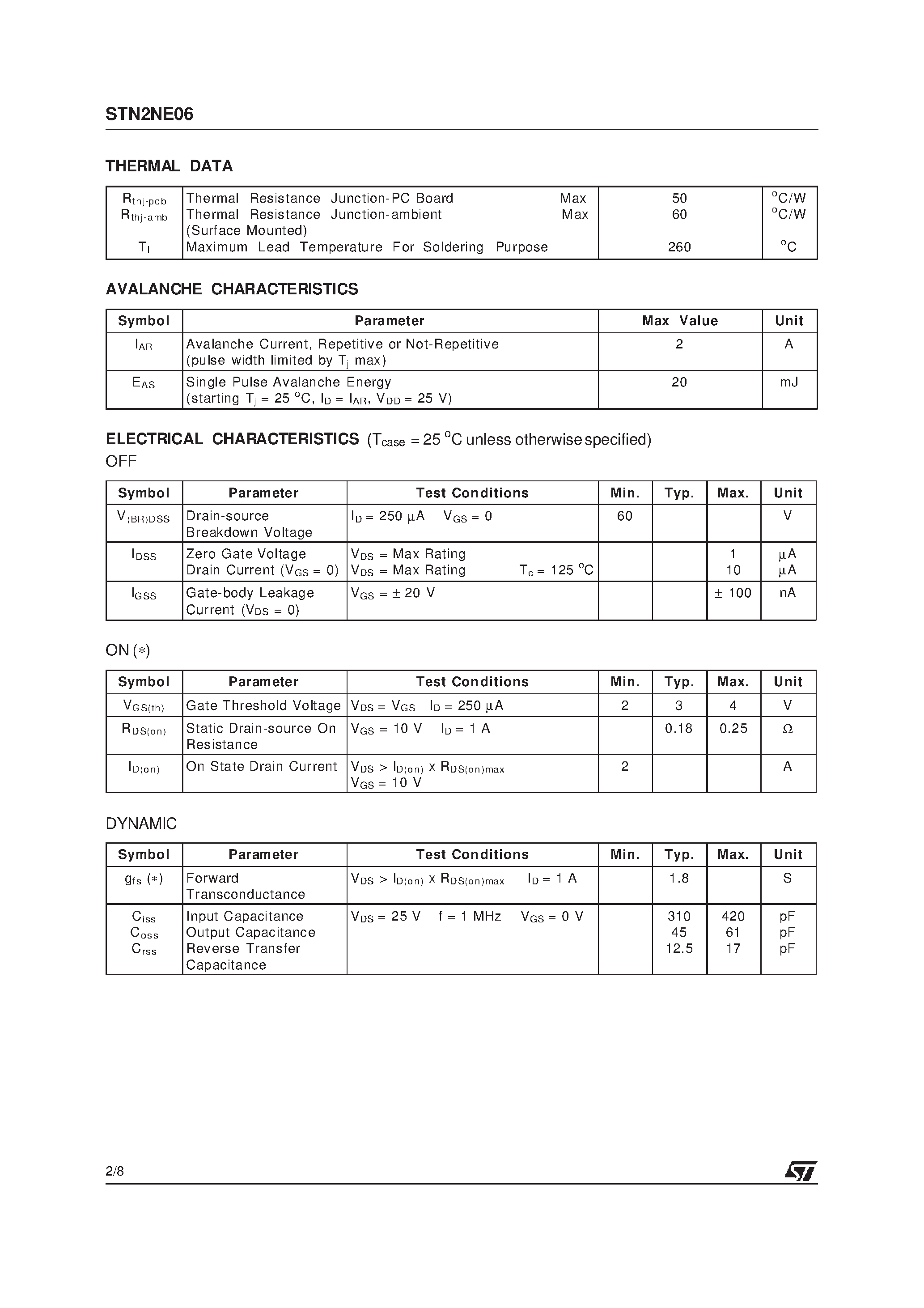 Datasheet STN2NE06 - N-CHANNEL POWER MOSFET page 2