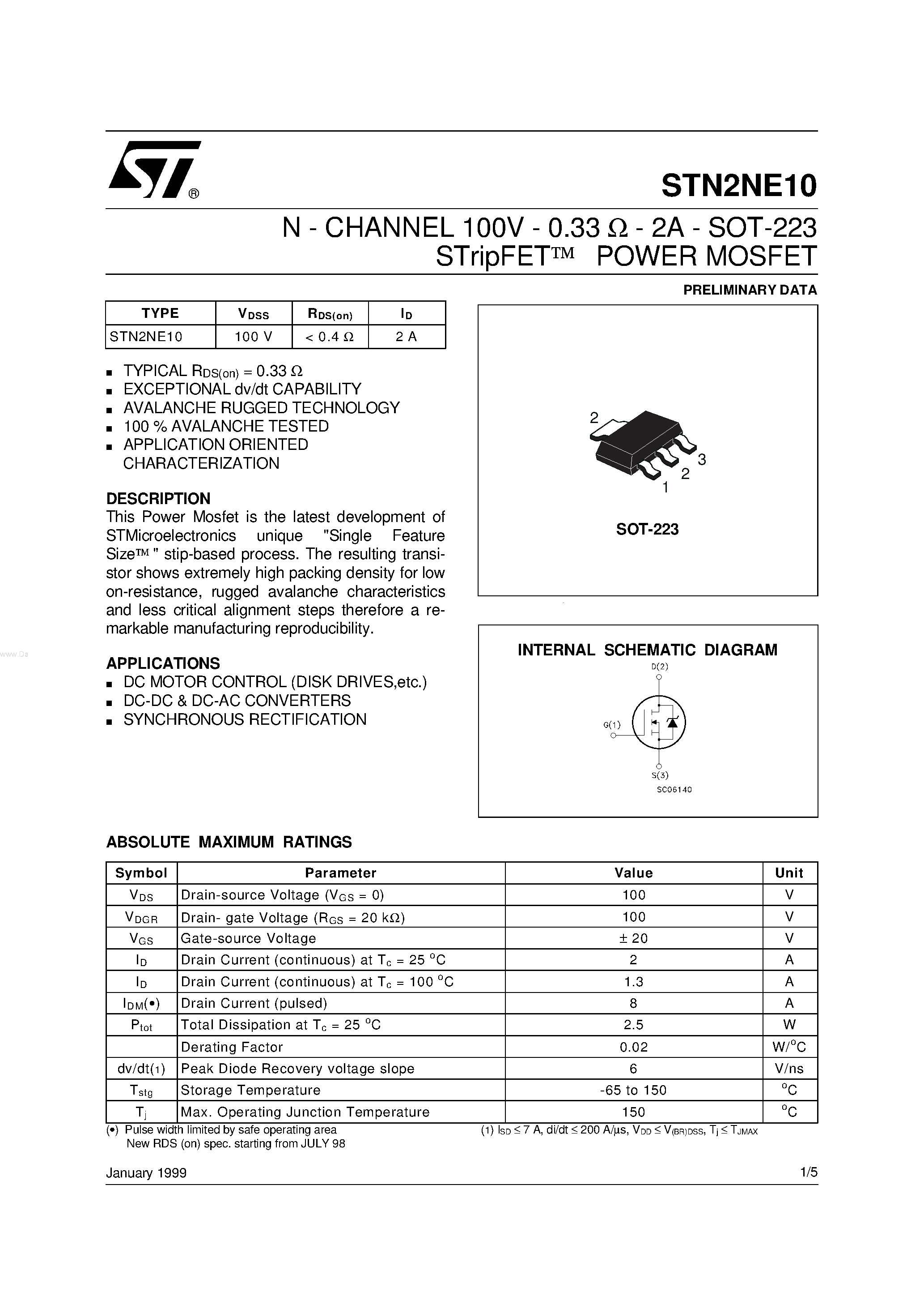 Datasheet STN2NE10 - N-CHANNEL POWER MOSFET page 1