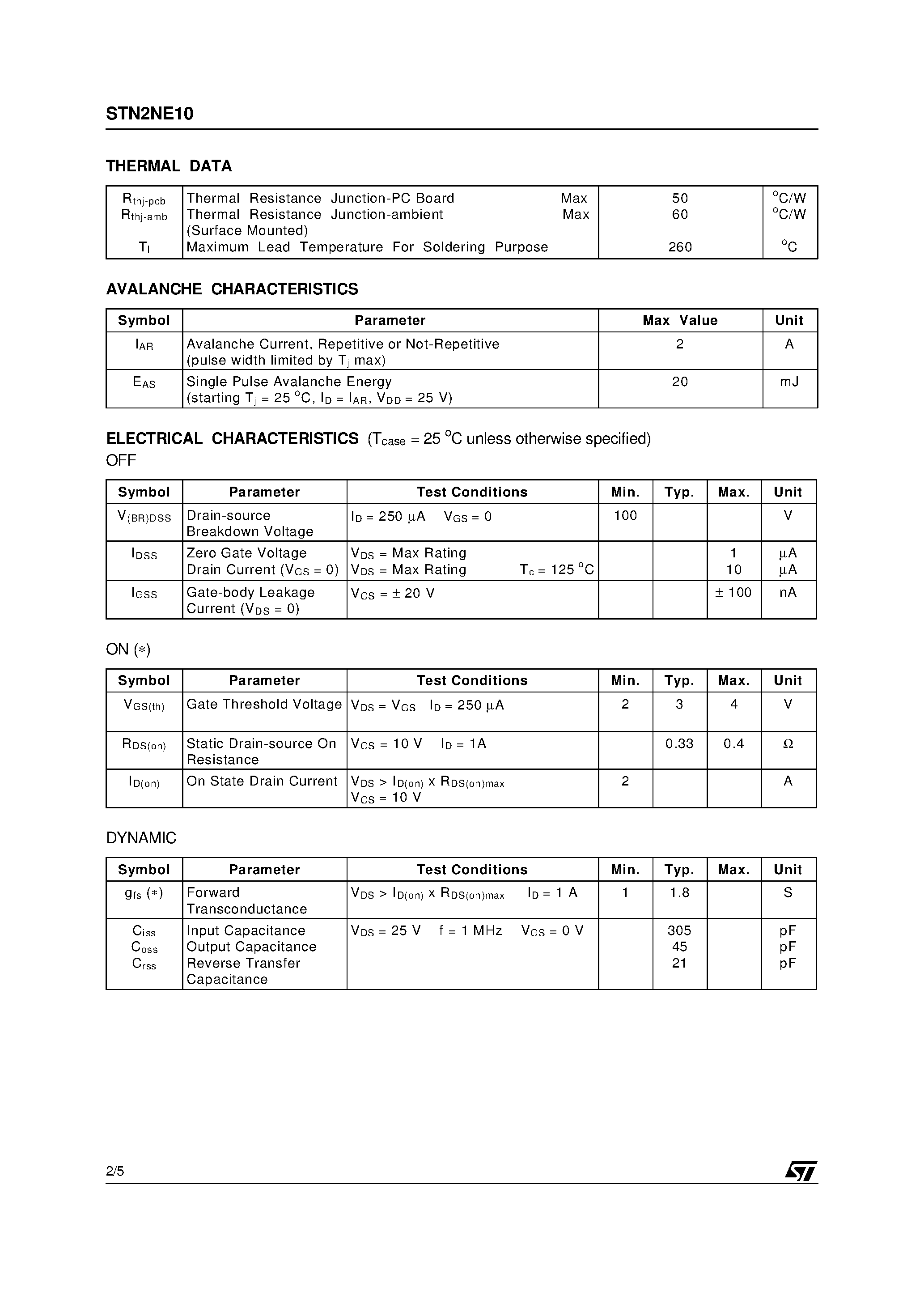 Datasheet STN2NE10 - N-CHANNEL POWER MOSFET page 2