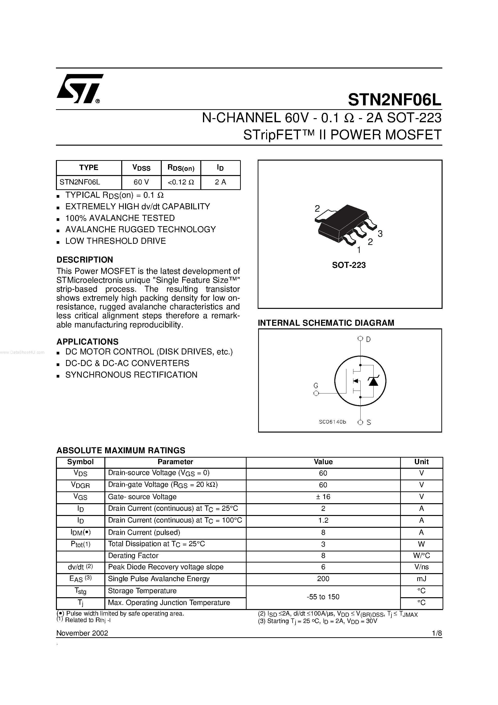 Datasheet STN2NF06L - N-CHANNEL POWER MOSFET page 1