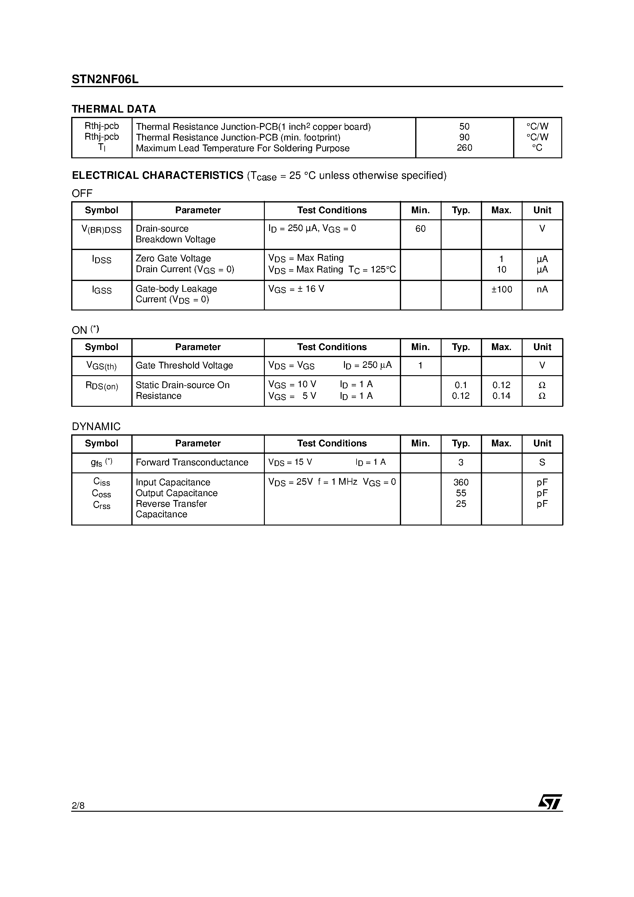 Datasheet STN2NF06L - N-CHANNEL POWER MOSFET page 2