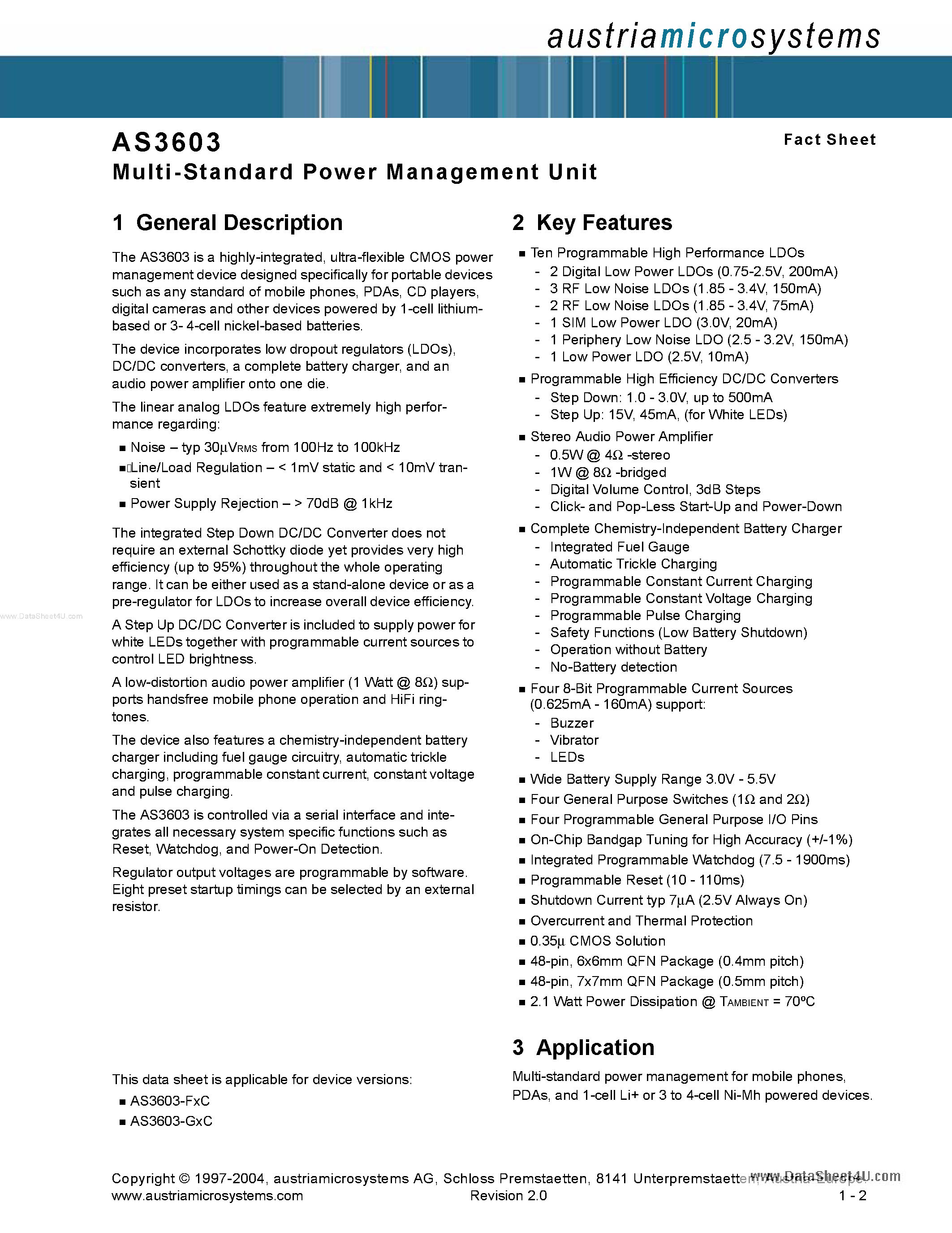 Даташит на микросхему AS3603 страница 1 Даташит AS3603 - Multi-Standard Power Management Unit страница 1