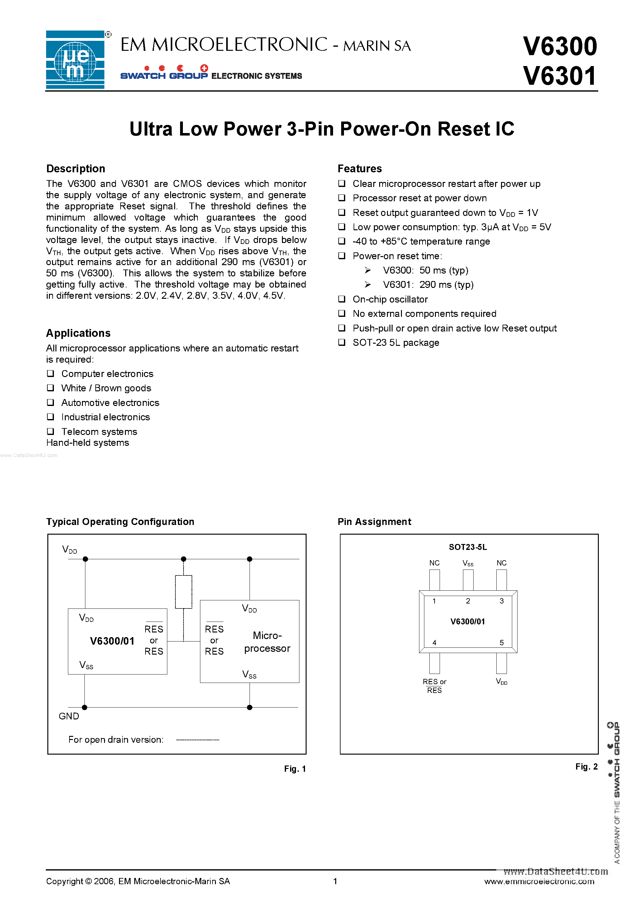 Datasheet V6300 - (V6300 / V6301) Ultra Low Power 3-Pin Power-On Reset IC page 1