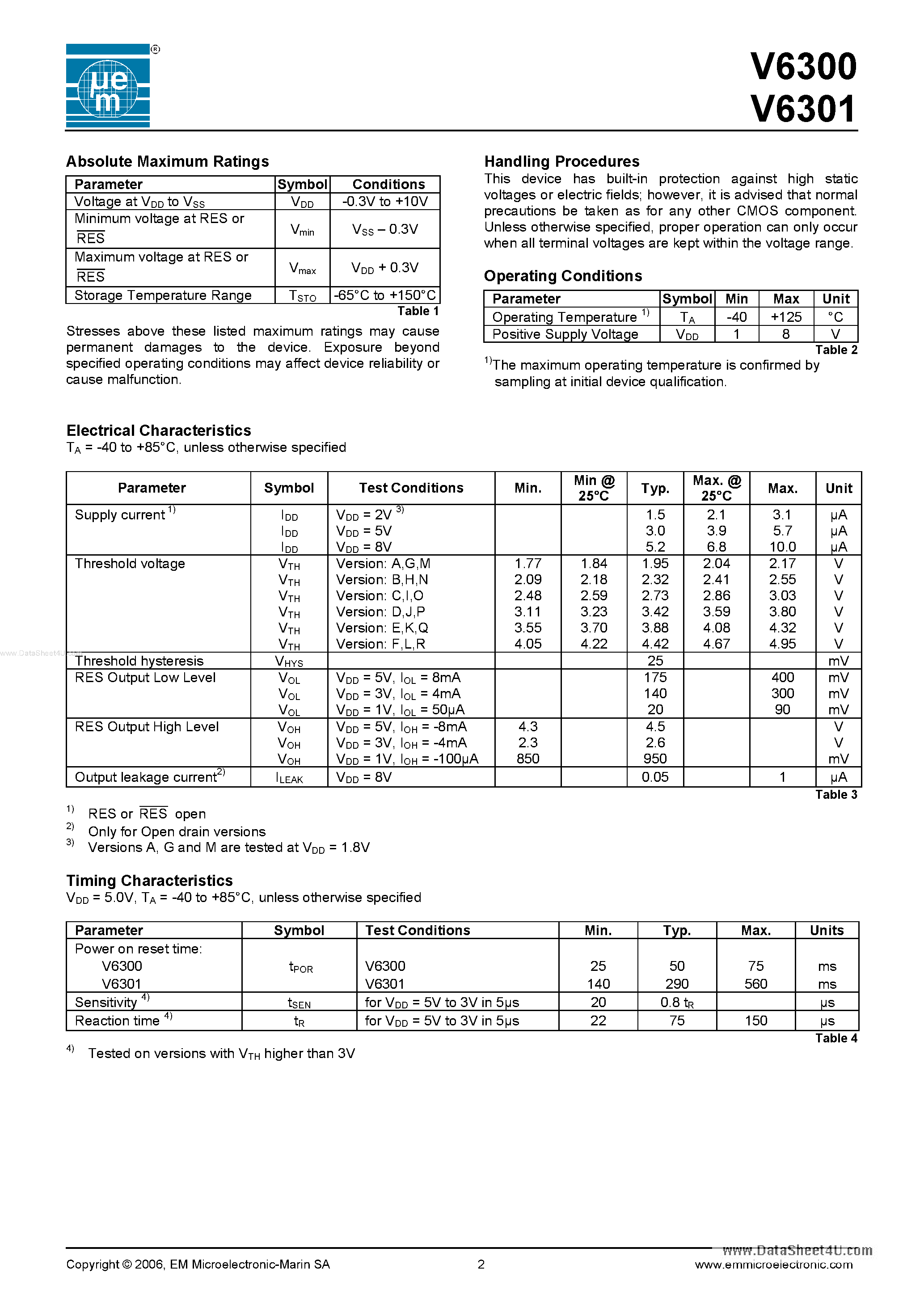 Datasheet V6300 - (V6300 / V6301) Ultra Low Power 3-Pin Power-On Reset IC page 2