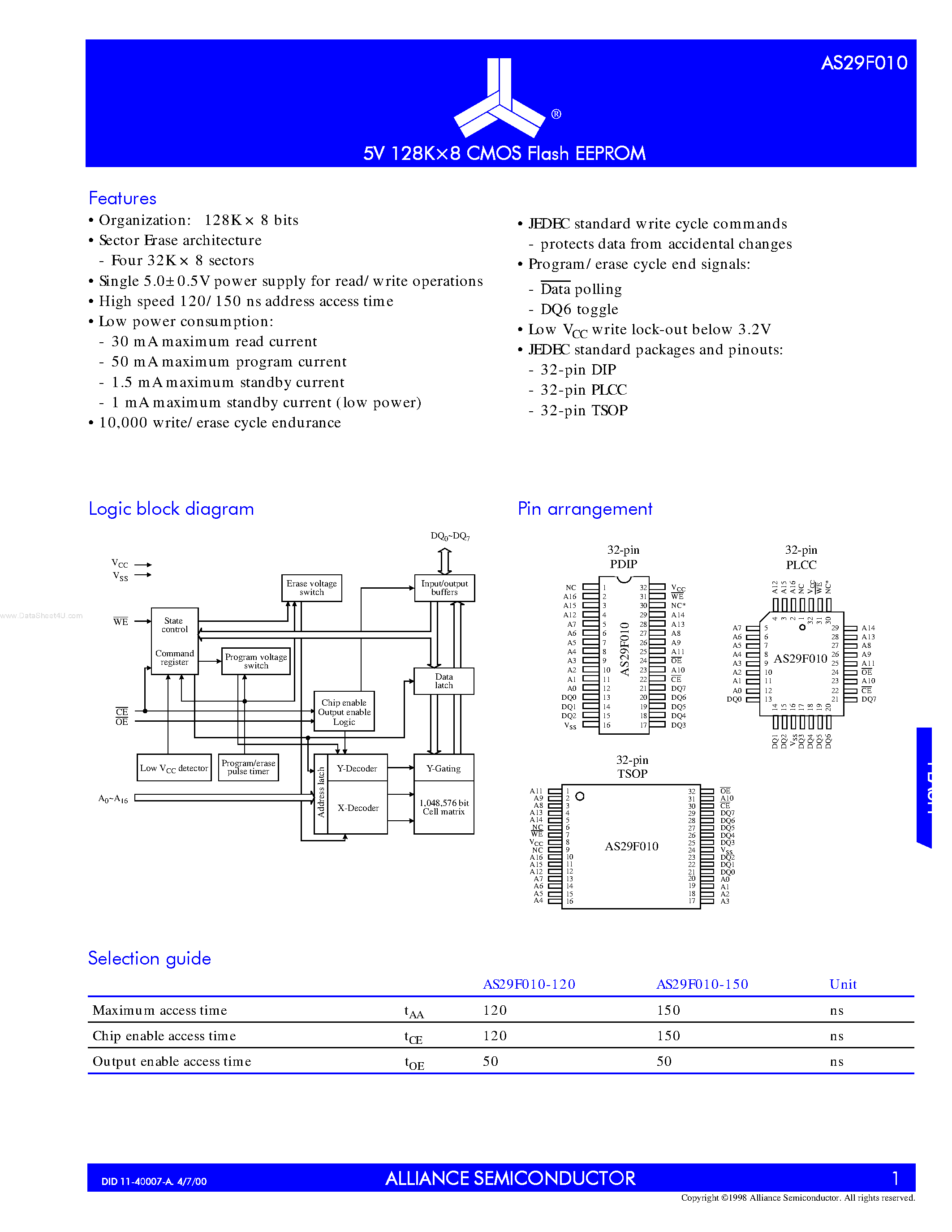 Даташит на микросхему AS29F010 страница 1 Даташит AS29F010 - 5V 128K x 8 CMOS FLASH EEPROM страница 1