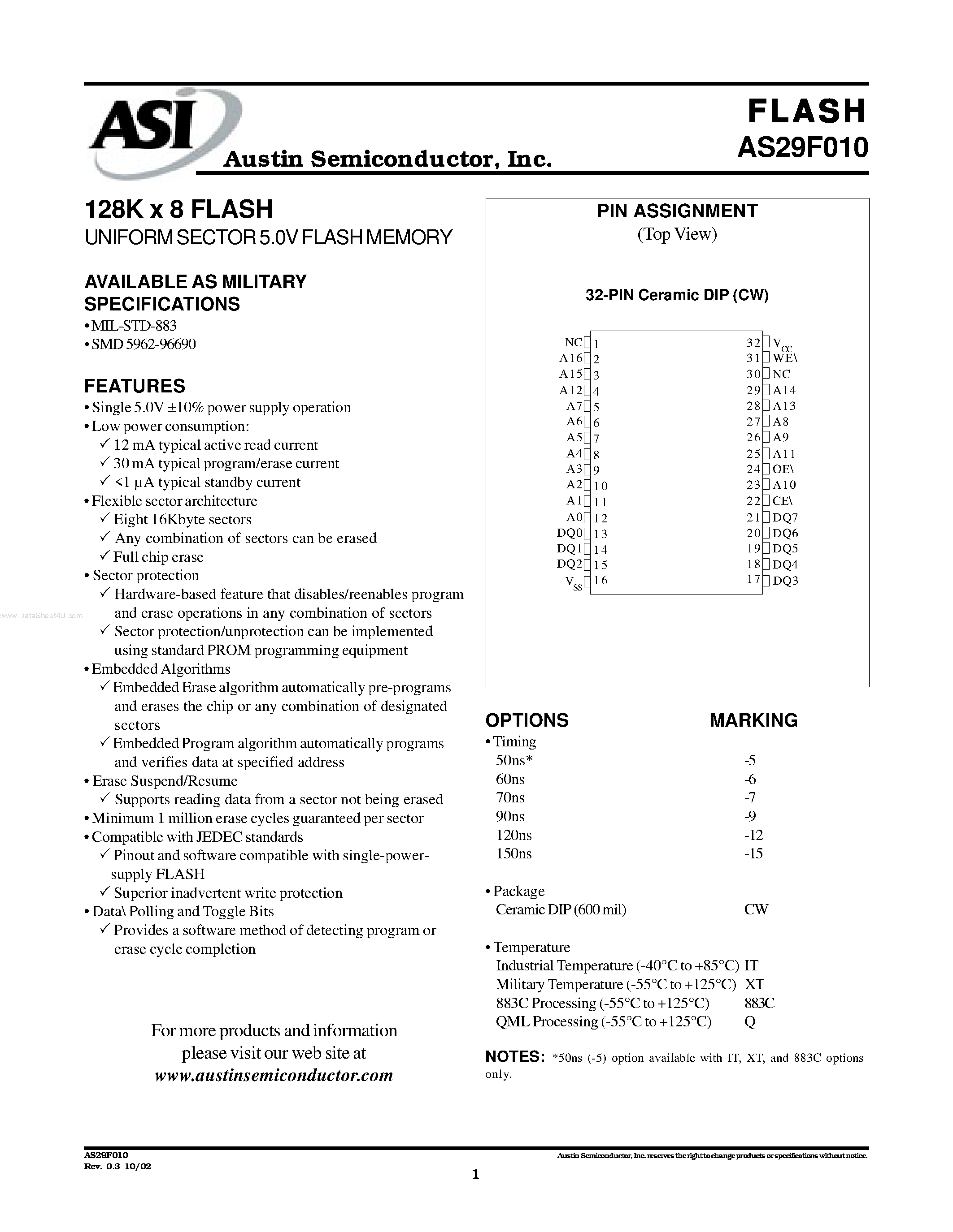 Datasheet AS29F010 - 128K x 8 FLASH UNIFORM SECTOR 5.0V FLASH MEMORY page 1