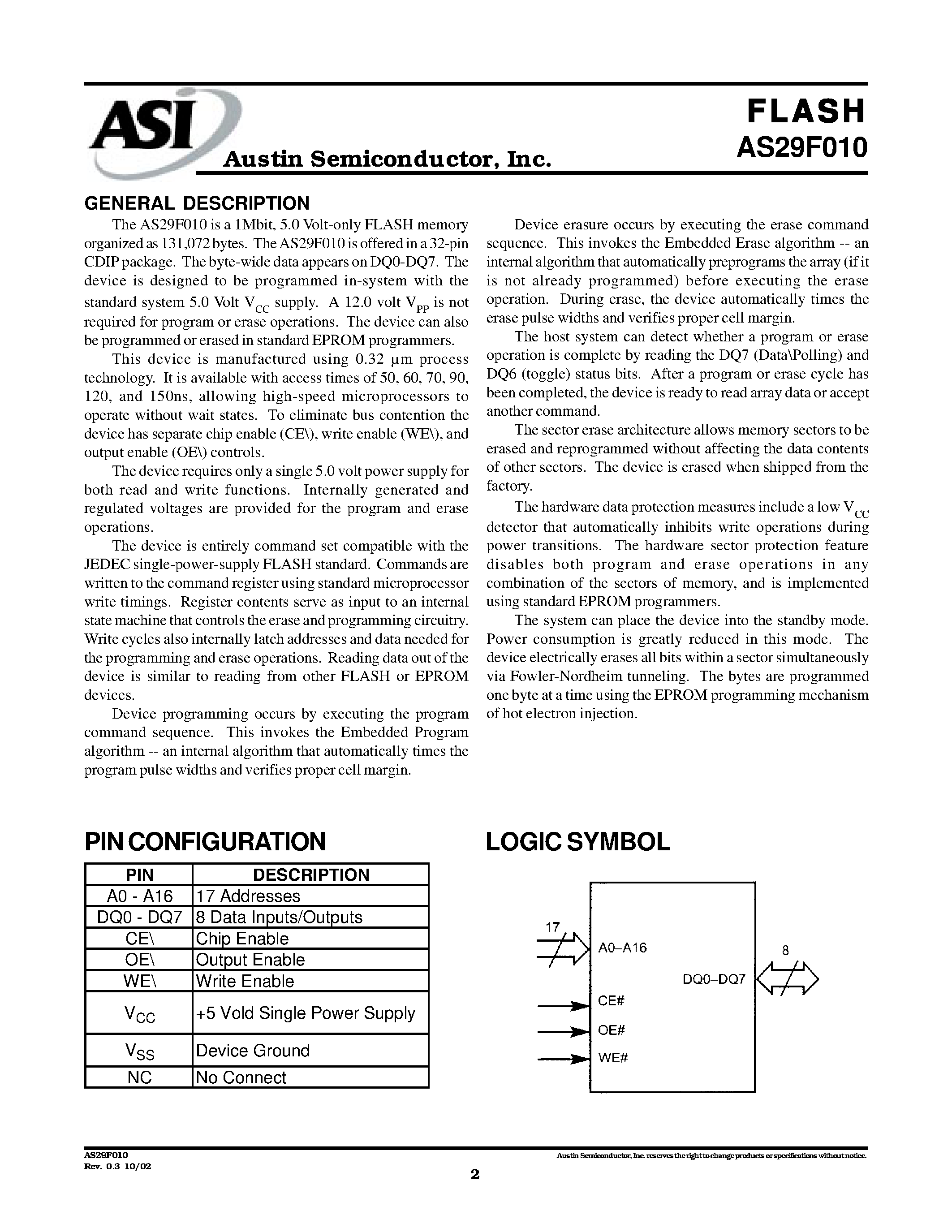 Datasheet AS29F010 - 128K x 8 FLASH UNIFORM SECTOR 5.0V FLASH MEMORY page 2