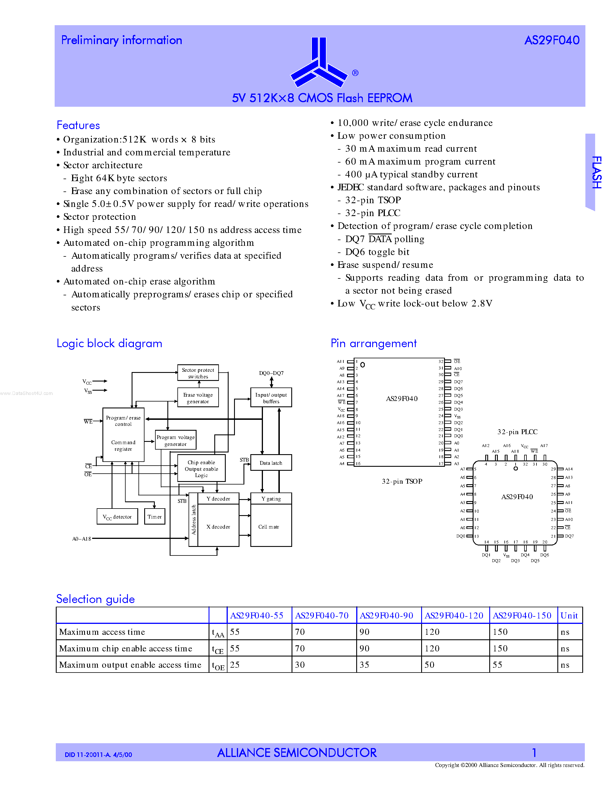 Даташит на микросхему AS29F040 страница 1 Даташит AS29F040 - 5V 512K x 8 CMOS FLASH EEPROM страница 1