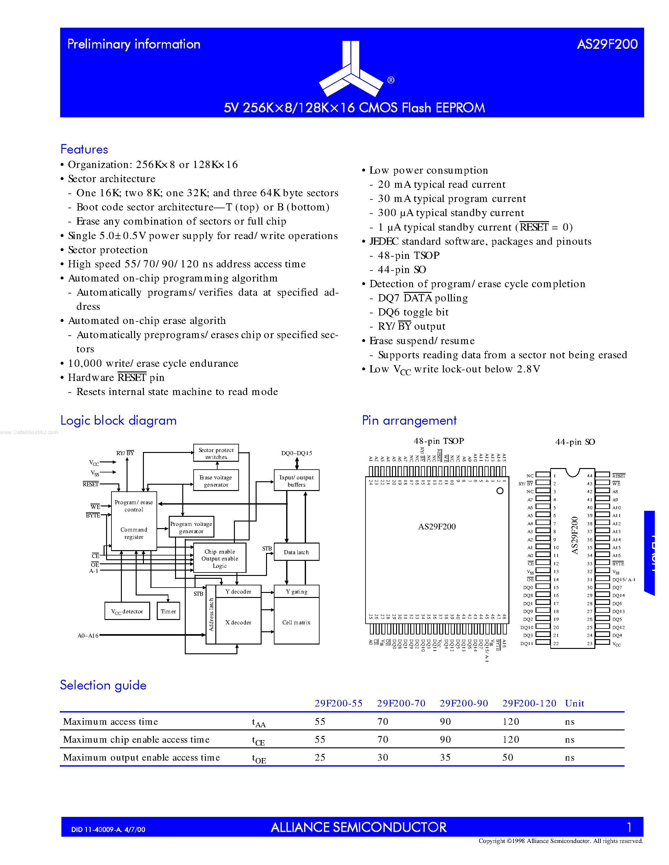Datasheet AS29F200 - 5V 256K x 8/128K x 8 CMOS FLASH EEPROM page 1
