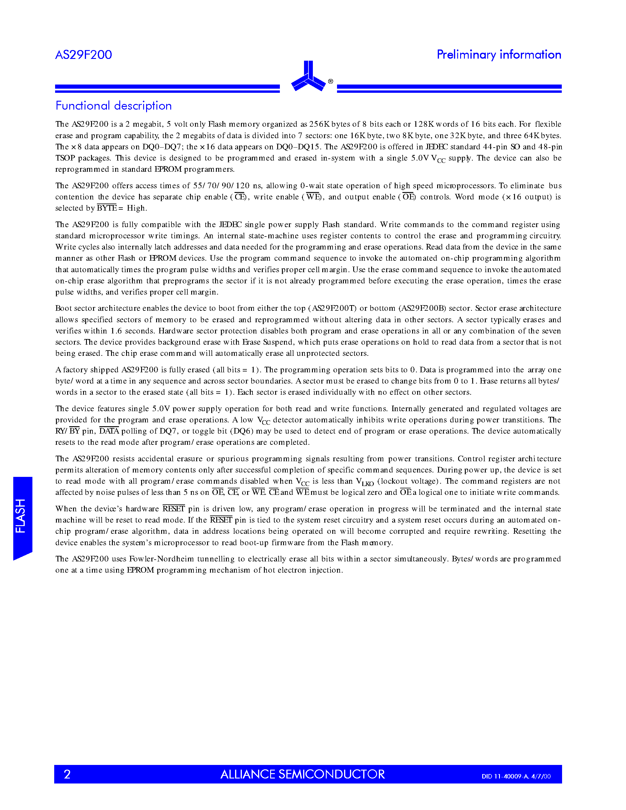 Datasheet AS29F200 - 5V 256K x 8/128K x 8 CMOS FLASH EEPROM page 2