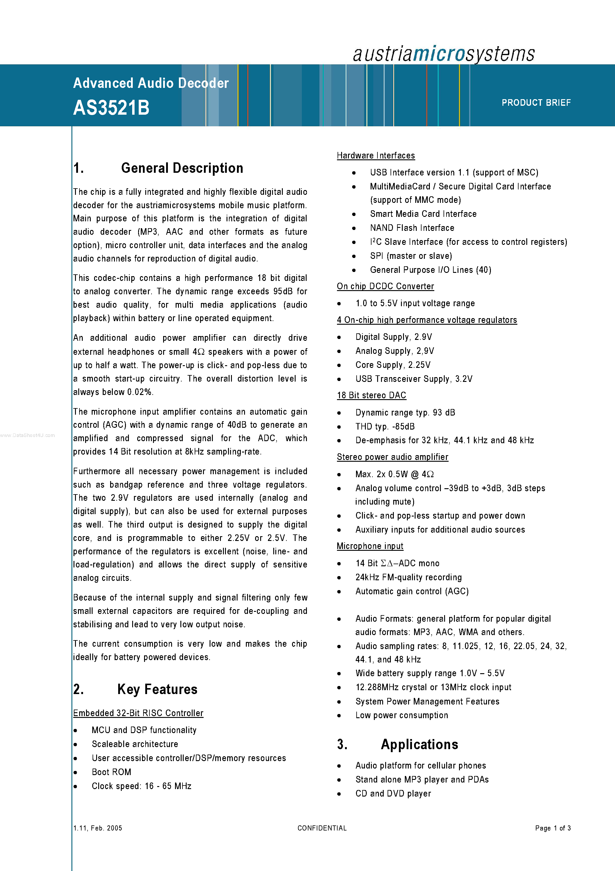 Datasheet AS3521B - Advanced Audio Decoder page 1