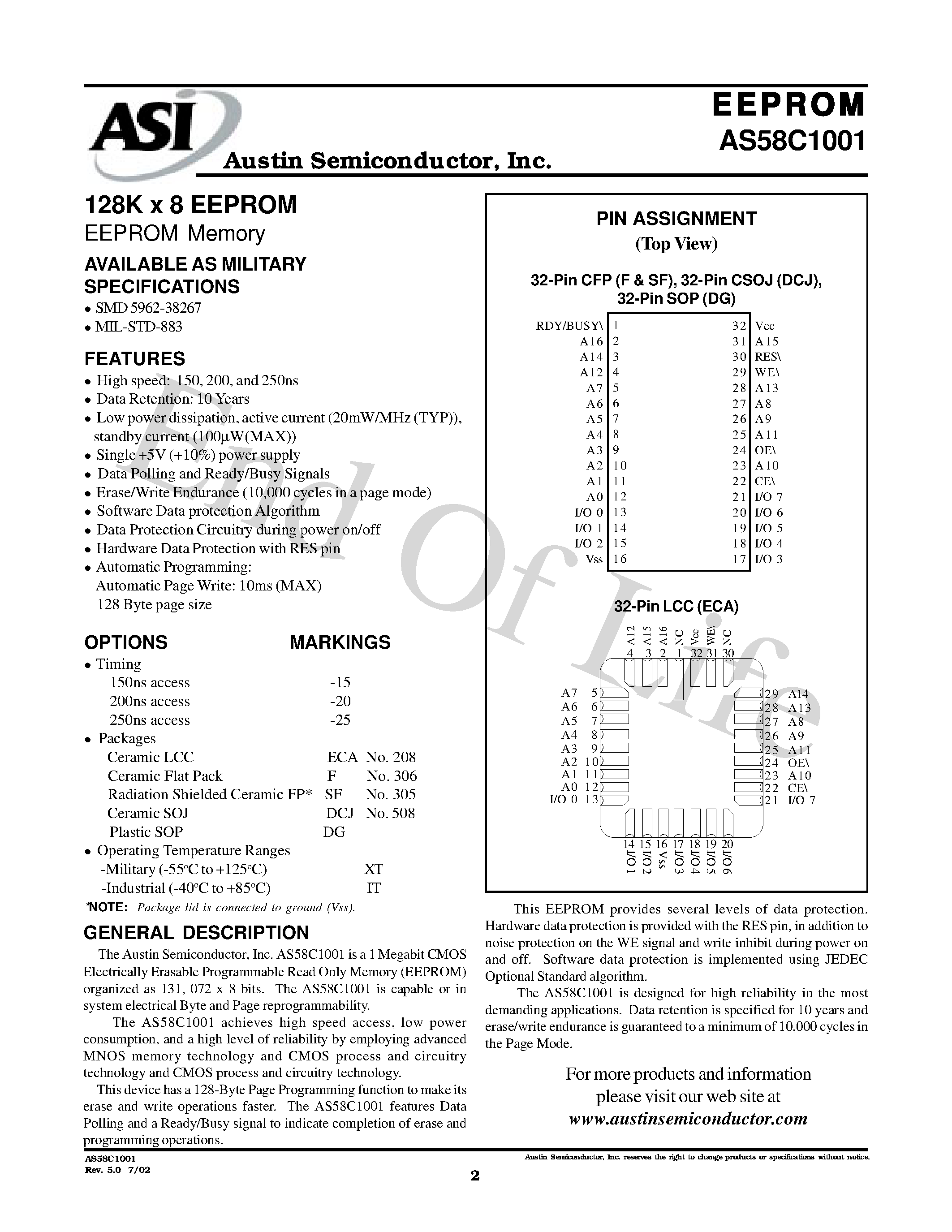 Даташит на микросхему AS58C1001 страница 2 Даташит AS58C1001 - 128K x 8 EEPROM EEPROM Memory страница 2