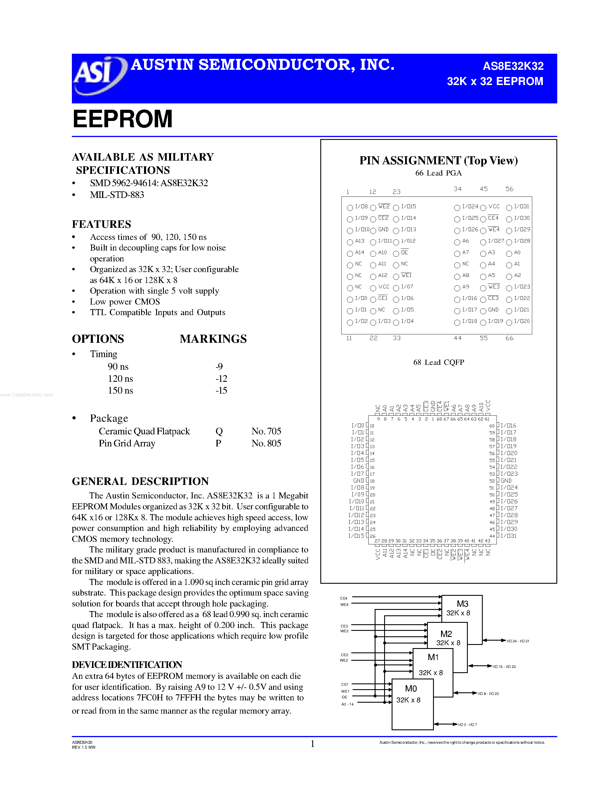 Даташит на микросхему AS8E32K32 страница 1 Даташит AS8E32K32 - 32K x 32 EEPROM страница 1