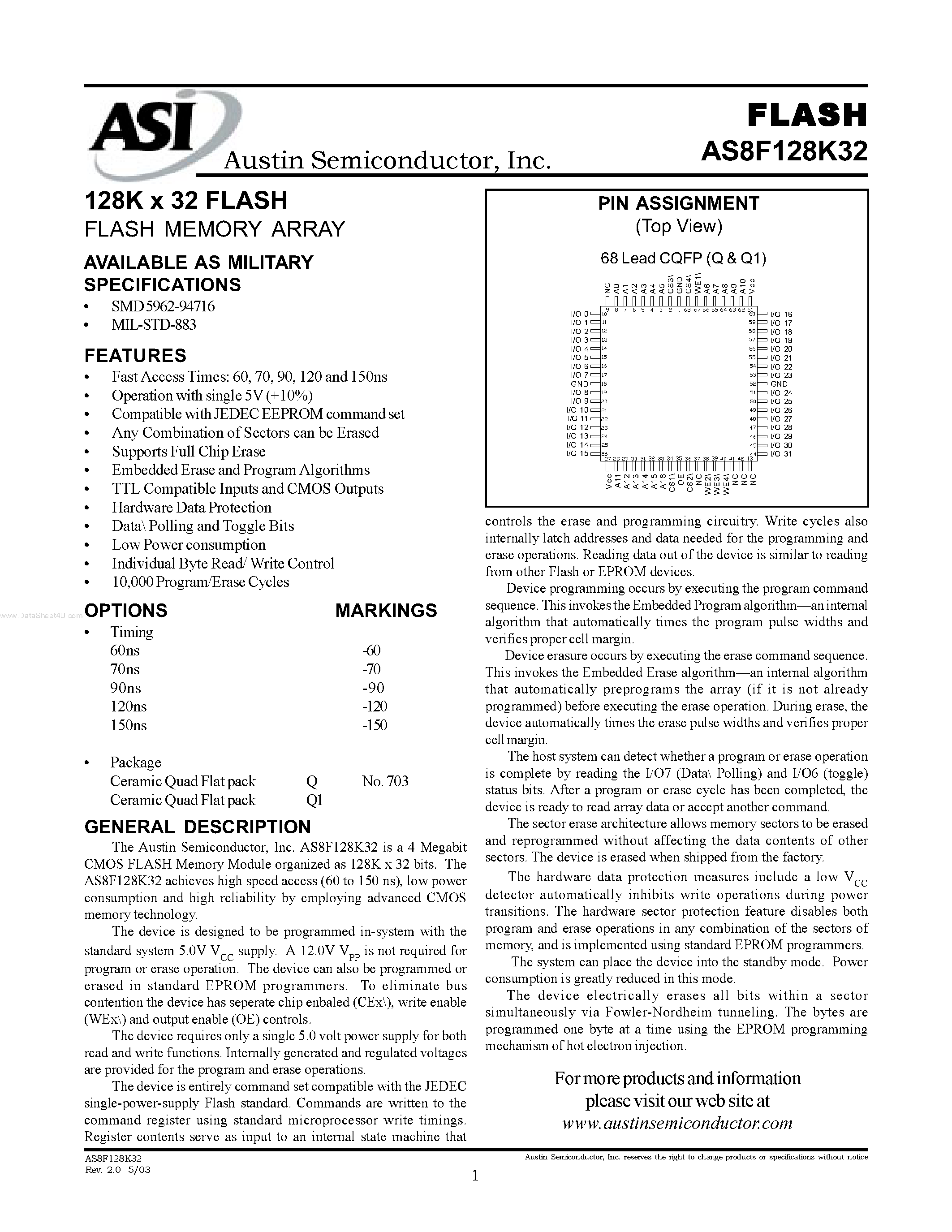 Даташит на микросхему AS8F128K32 страница 1 Даташит AS8F128K32 - 128K x 32 FLASH FLASH MEMORY ARRAY страница 1