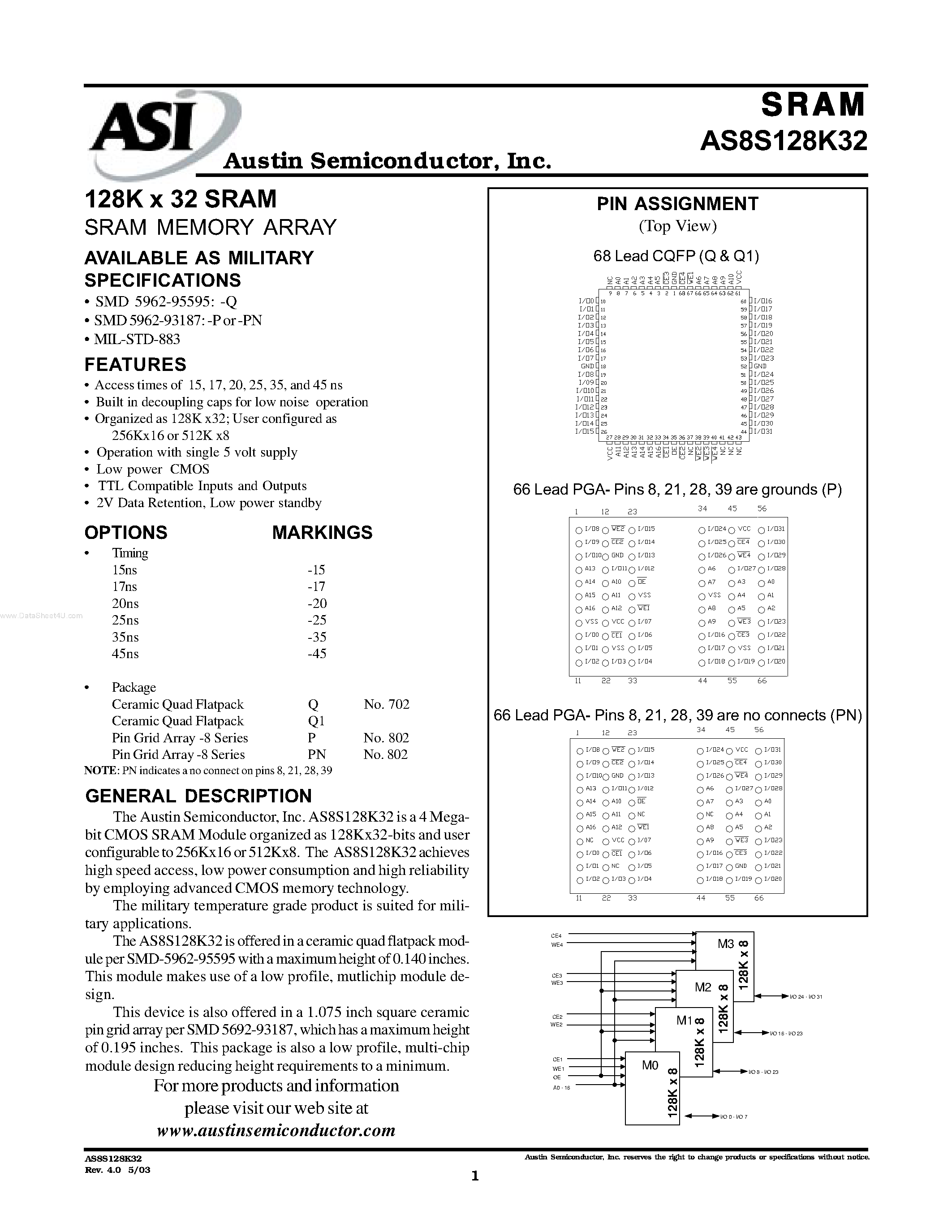 Даташит на микросхему AS8F512K32 страница 1 Даташит AS8F512K32 - 512K x 32 FLASH FLASH MEMORY ARRAY страница 1