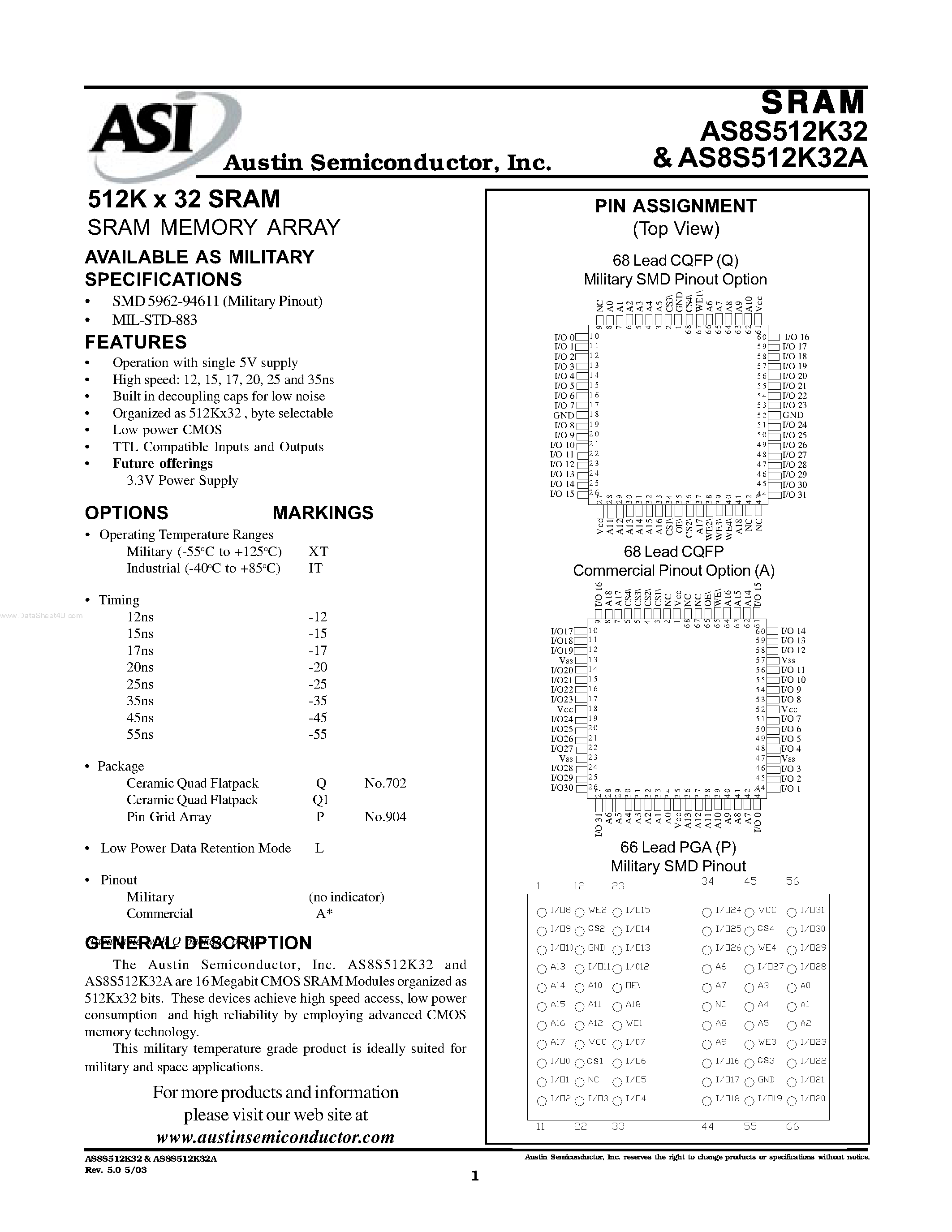 Даташит AS8S512K32A - 512K x 32 SRAM SRAM MEMORY ARRAY страница 1