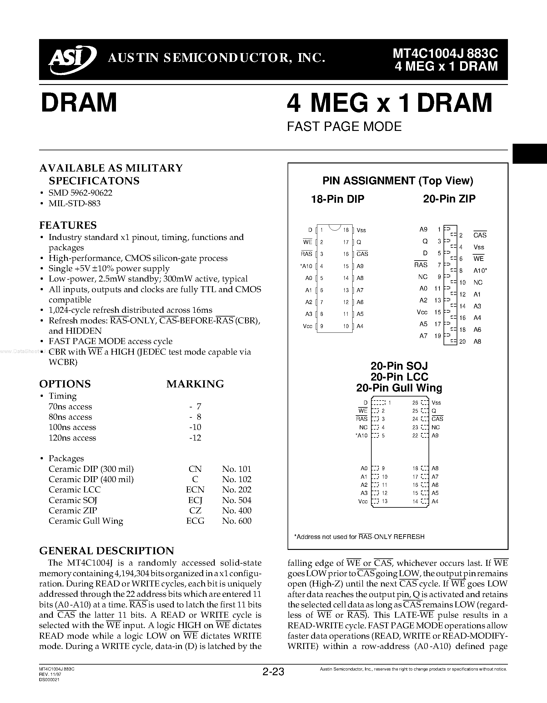 Datasheet MT4C1004J883C - 4 MEG x 1 DRAM FAST PAGE MODE page 1