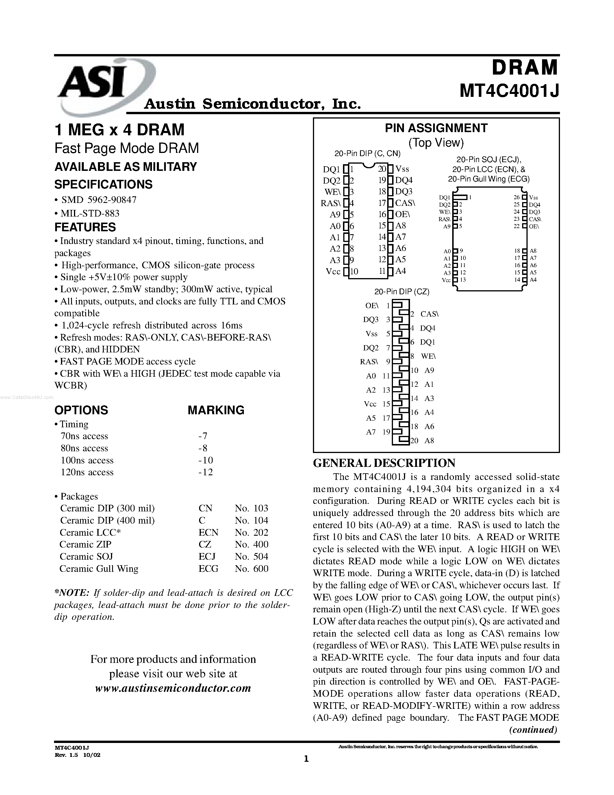 Datasheet MT4C4001J - 1 MEG x 4 DRAM Fast Page Mode DRAM page 1