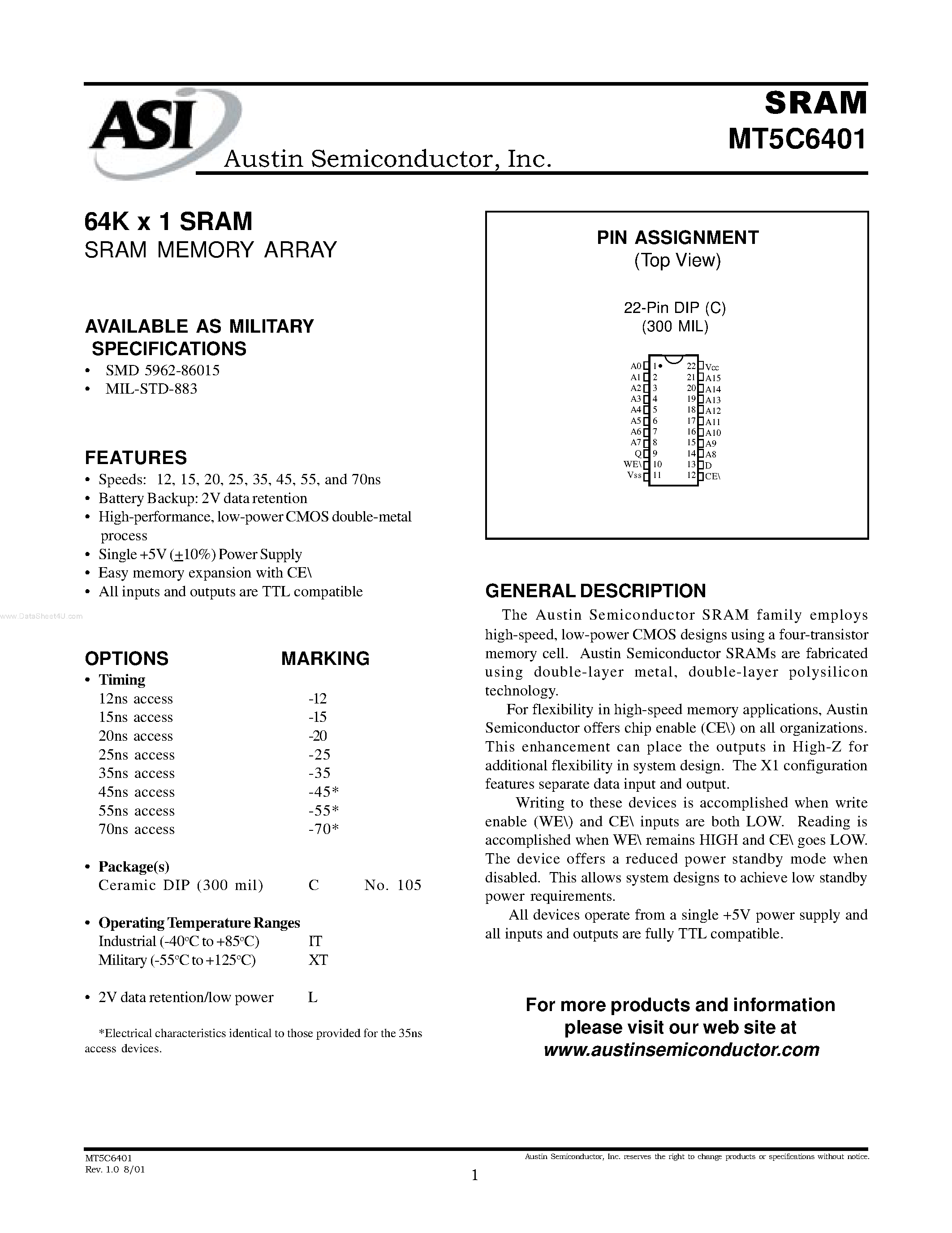 Даташит на микросхему MT5C6401 страница 1 Даташит MT5C6401 - 64K x 1 SRAM SRAM MEMORY ARRAY страница 1